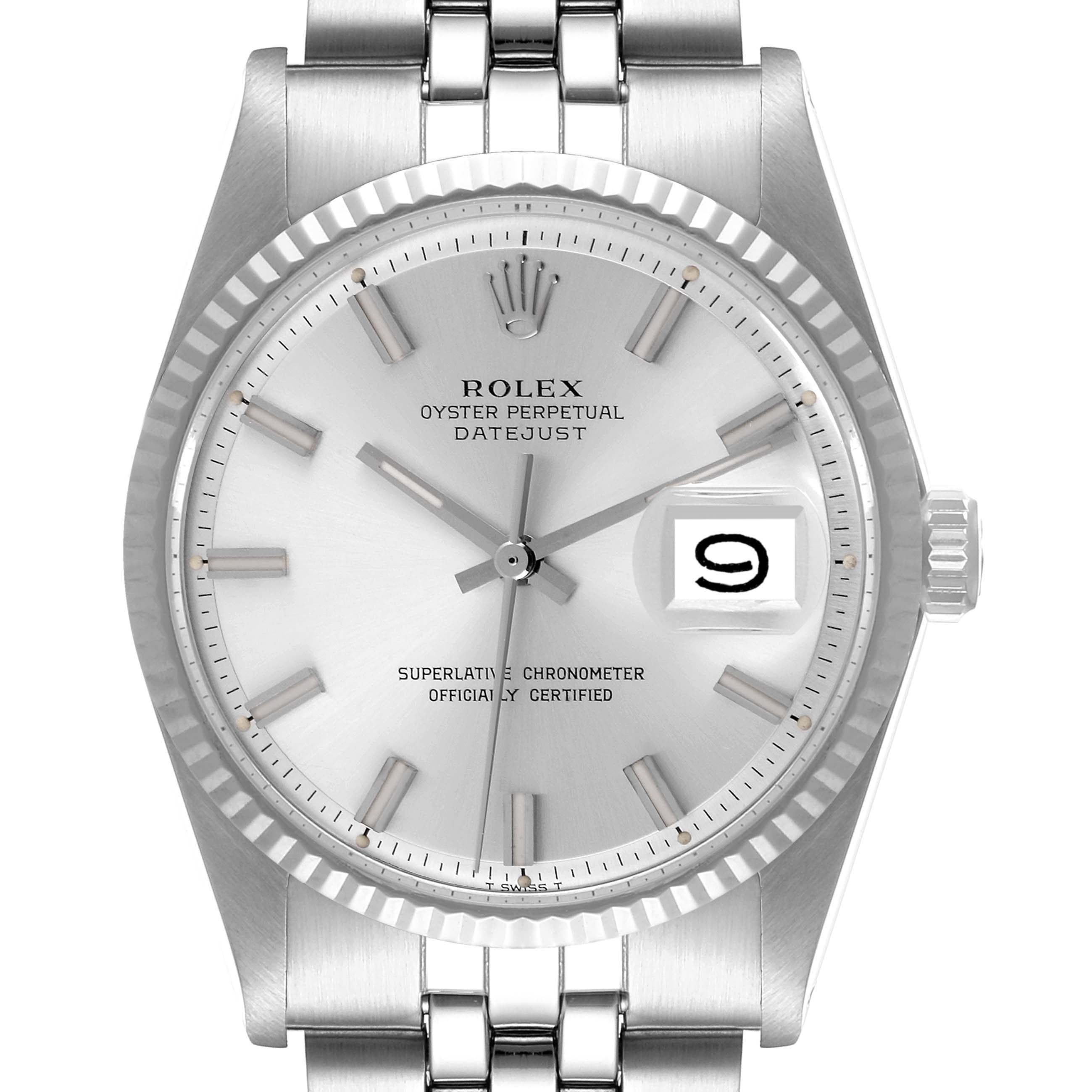 This image shows a front view of the Rolex Vintage Collection 1601 Men's Stainless Steel Silver Dial 1601 Men's Stainless Steel Silver Dial Oyster Perpetual Datejust watch, highlighting its dial, hands, date display, and bracelet.