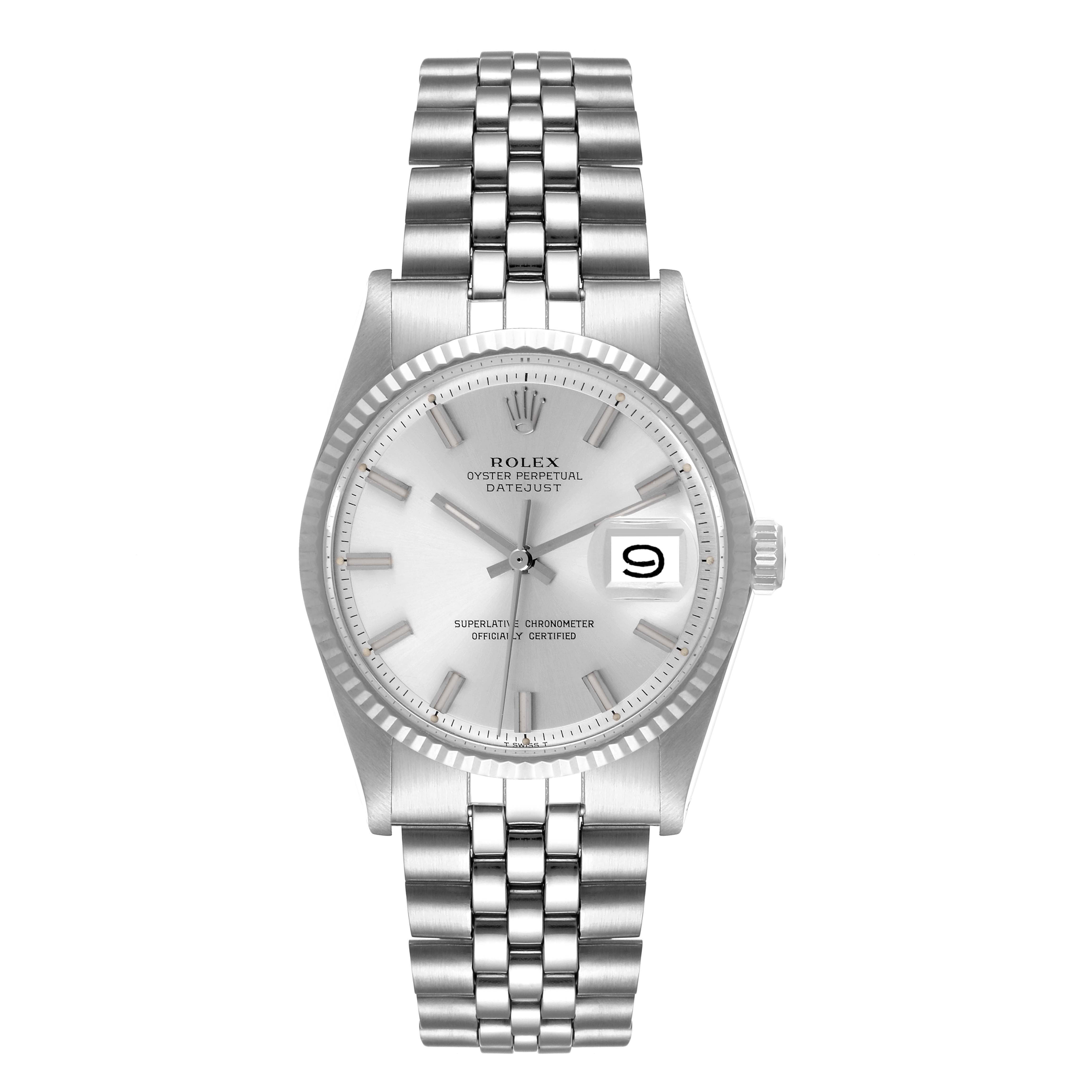 The image shows a front view of the Rolex Vintage Collection 1601 Men's Stainless Steel Silver Dial 1601 Men's Stainless Steel Silver Dial Datejust watch, highlighting its dial and bracelet.