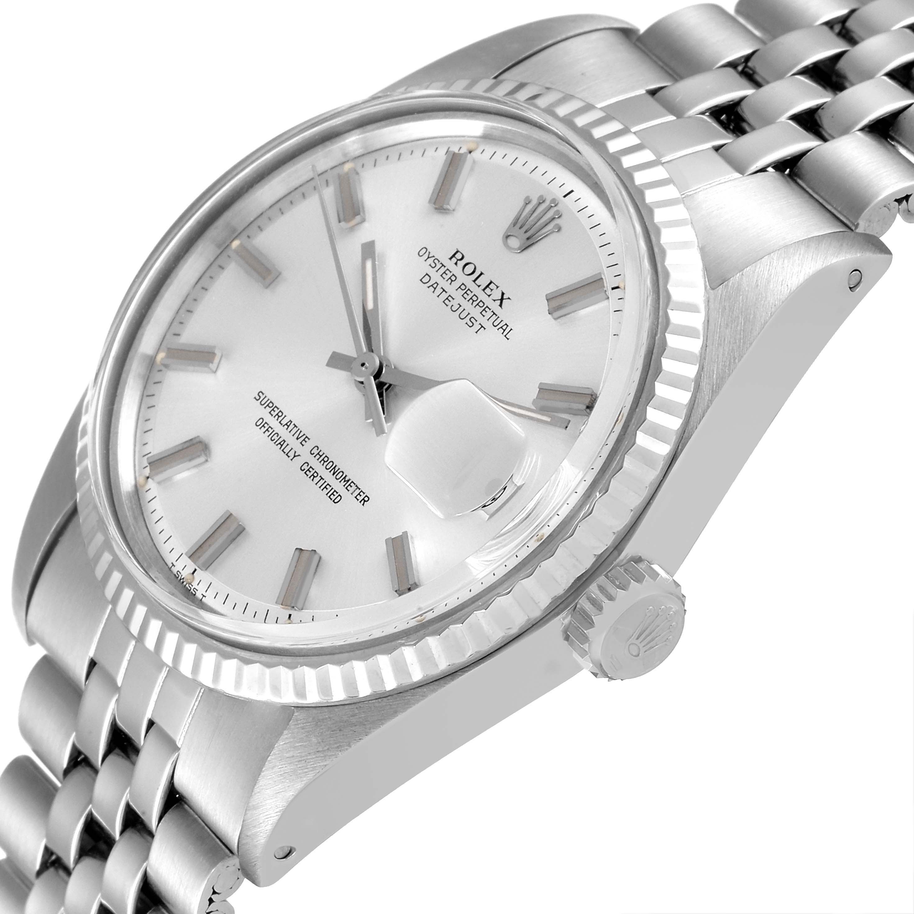 The image shows a side angle of a Rolex Vintage Collection 1601 Men's Stainless Steel Silver Dial 1601 Men's Stainless Steel Silver Dial Oyster Perpetual Datejust watch, highlighting its face, bezel, crown, and part of the bracelet.