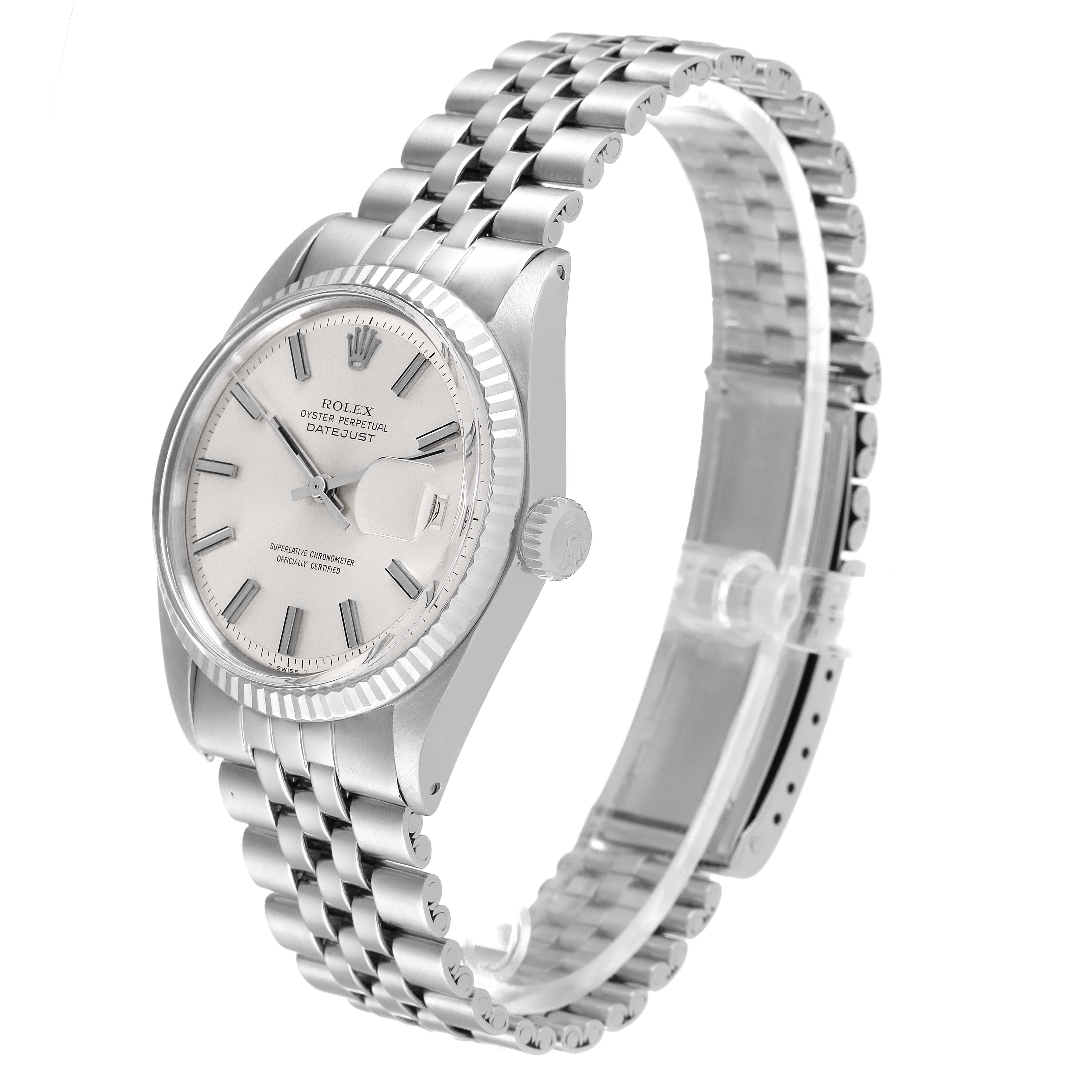 The image shows a side angle of the Rolex Vintage Collection 1601 Men
s Stainless Steel Silver Dial 1601 Men
s Stainless Steel Silver Dial Datejust model, highlighting the watch face, bezel, and Jubilee bracelet.