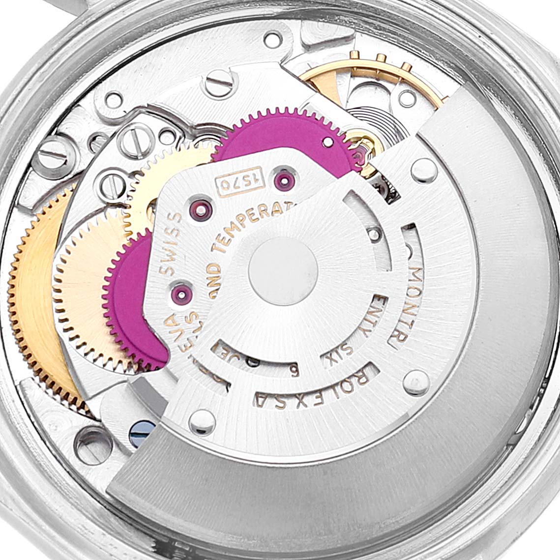 This image shows the internal mechanical movement of the Rolex Vintage Collection 1601 Men
s Stainless Steel Silver Dial 1601 Men
s Stainless Steel Silver Dial watch at an angled view.