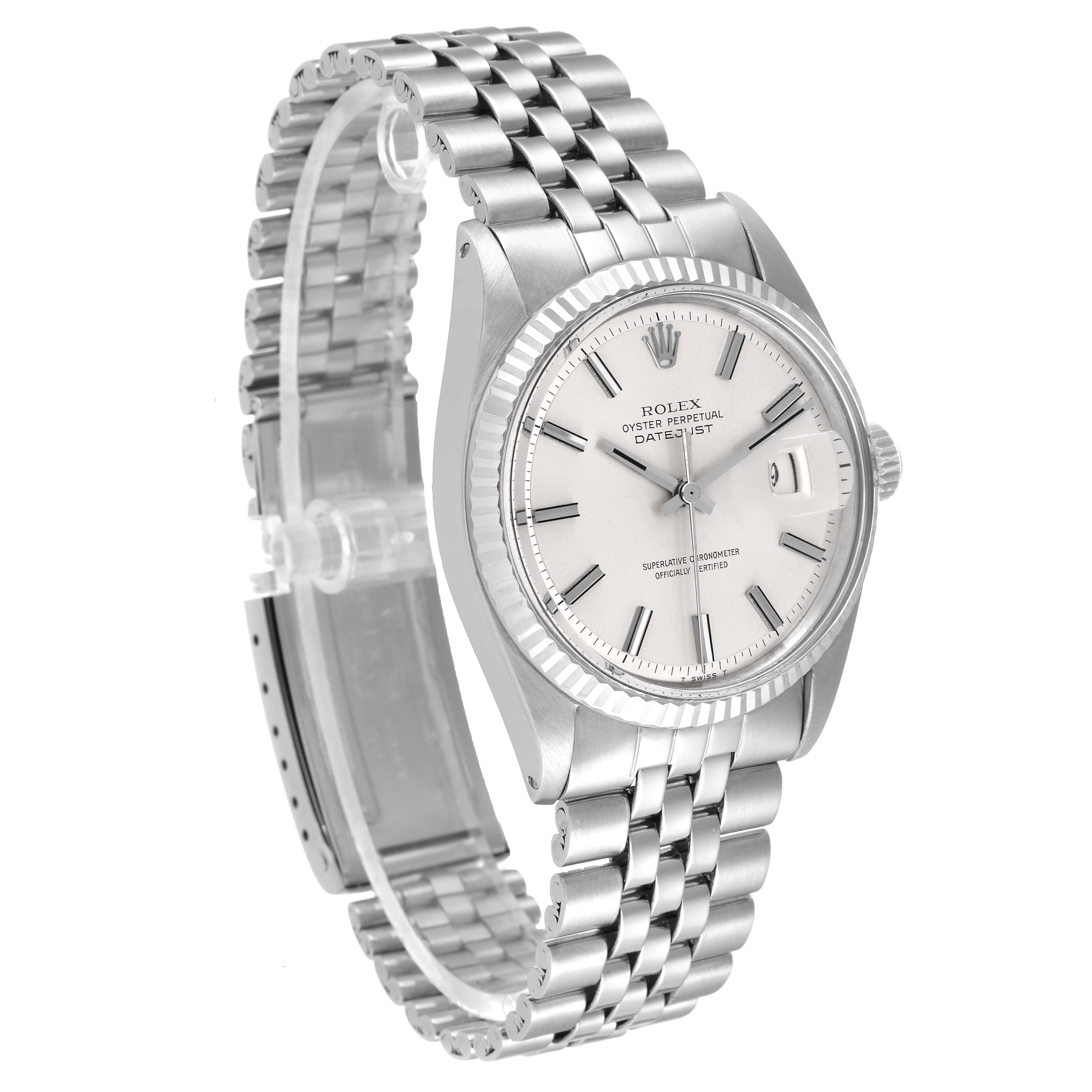The Rolex Vintage Collection 1601 Men
s Stainless Steel Silver Dial 1601 Men
s Stainless Steel Silver Dial model watch is shown from a three-quarter angle, showcasing the bracelet, case, bezel, and dial.