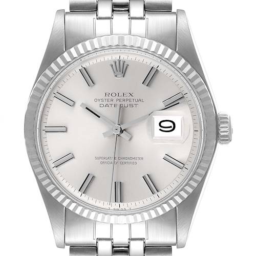 The image shows a front view of the Rolex Vintage Collection Oyster Perpetual Datejust watch, highlighting its face, bezel, and part of its bracelet.