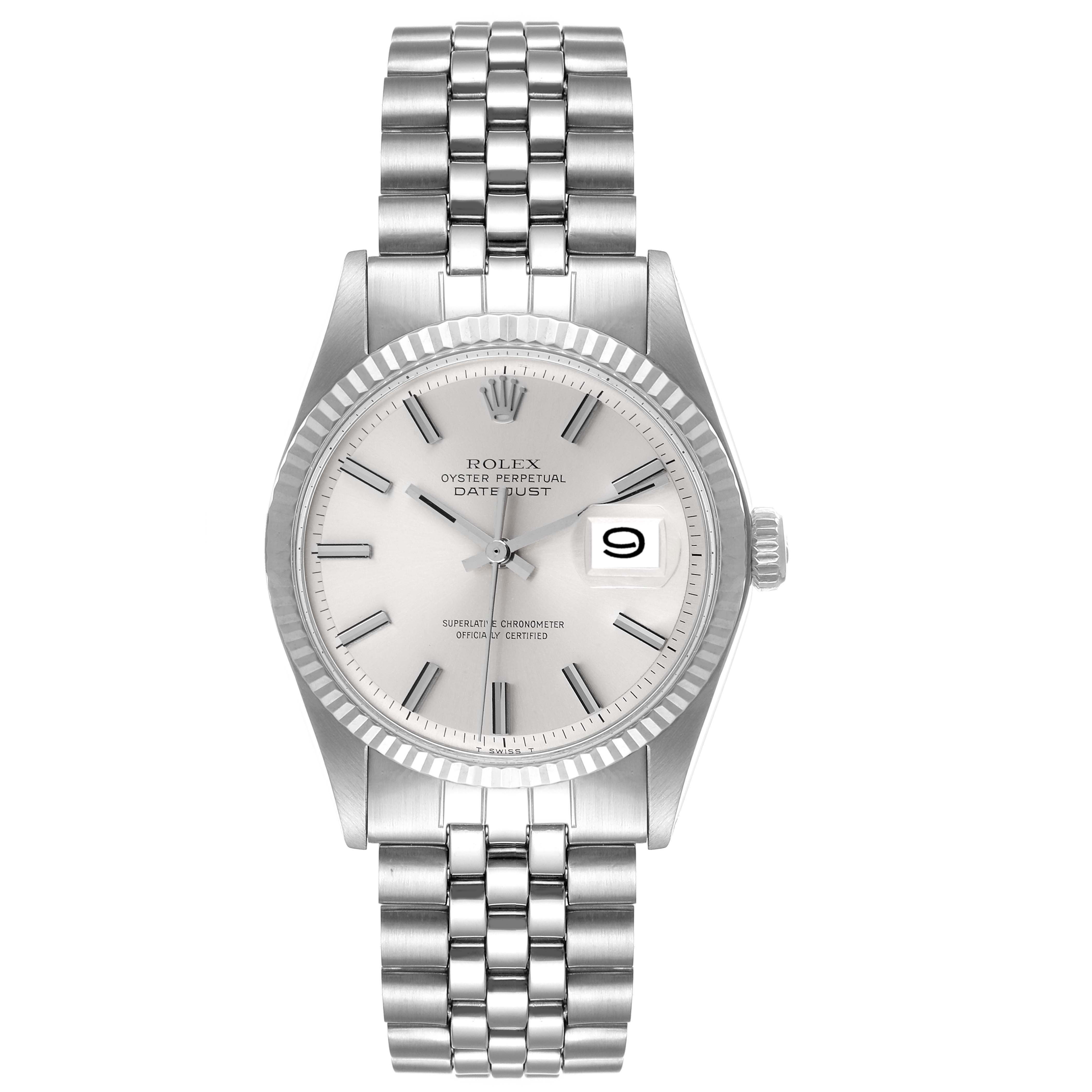 The image shows a frontal view of a Rolex Vintage Collection 1601 Men
s Stainless Steel Silver Dial 1601 Men
s Stainless Steel Silver Dial Oyster Perpetual Datejust watch, highlighting the dial, bracelet, and date display.