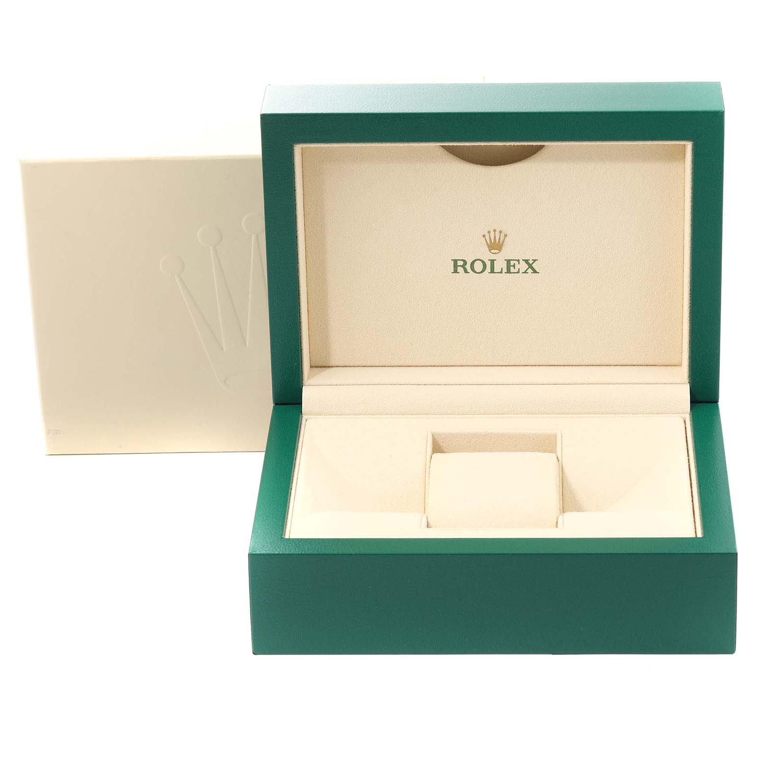 The image shows an open green and beige Rolex box for the Datejust model.