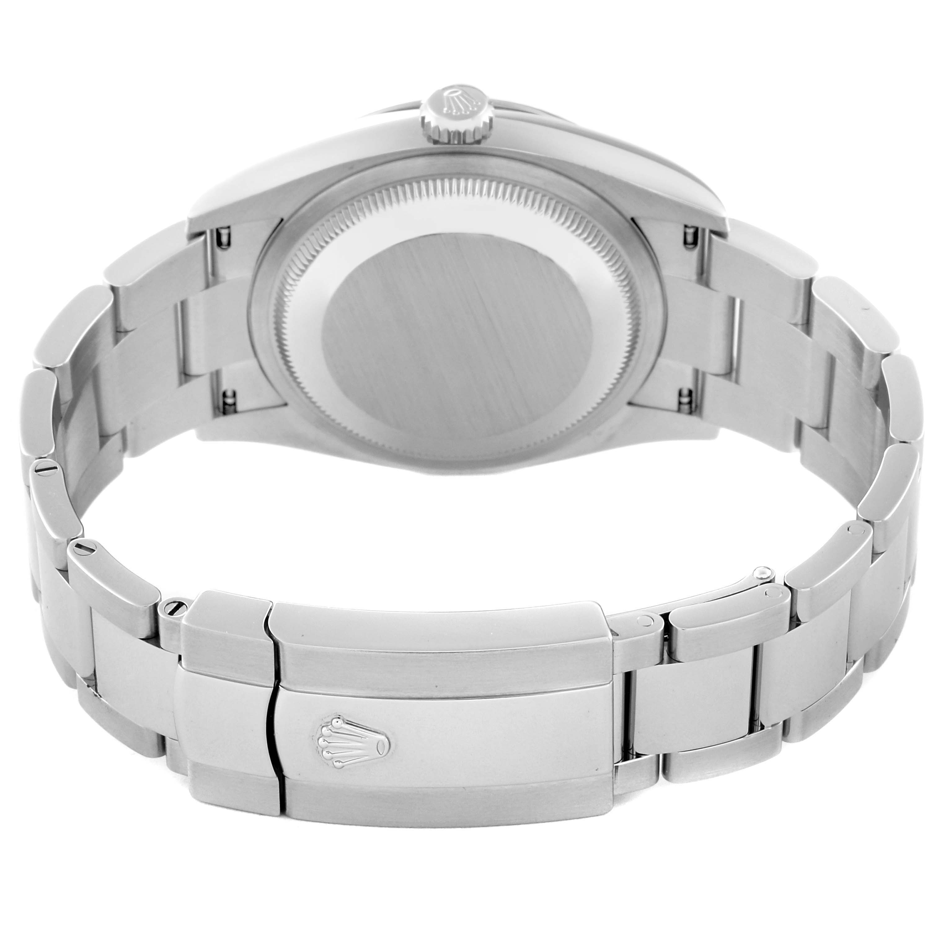 The image shows the back view of a Rolex Datejust 126234 Men's Stainless Steel Silver Dial 126234 Men's Stainless Steel Silver Dial watch highlighting the case back and the bracelet with a clasp.