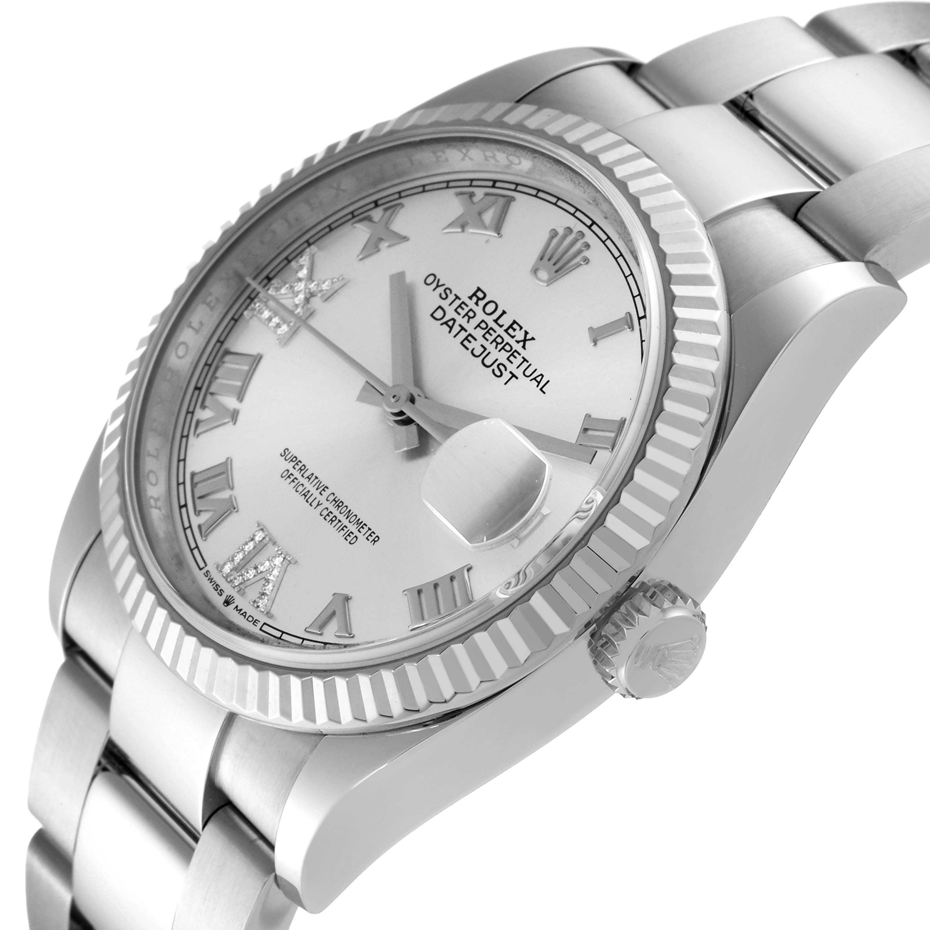 The image shows a Rolex Datejust 126234 Men's Stainless Steel Silver Dial 126234 Men's Stainless Steel Silver Dial watch at an angled close-up, featuring the dial, bezel, and part of the bracelet.