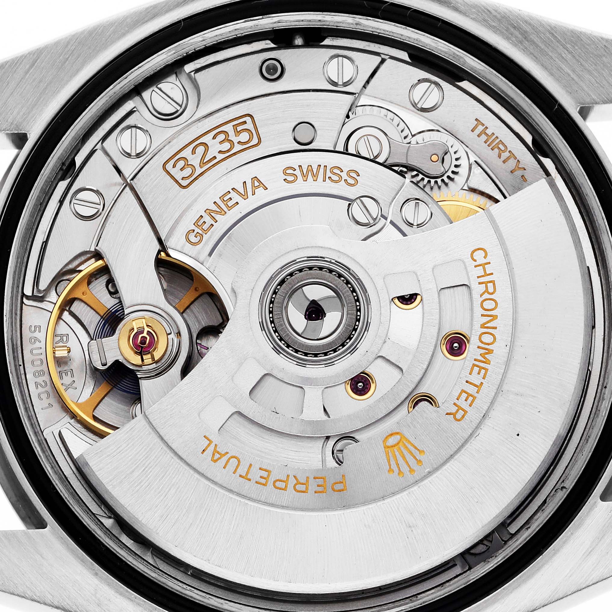 This image shows the intricate internal movement of the Rolex Datejust 126234 Men's Stainless Steel Silver Dial 126234 Men's Stainless Steel Silver Dial watch, specifically the Geneva Swiss Perpetual Chronometer.