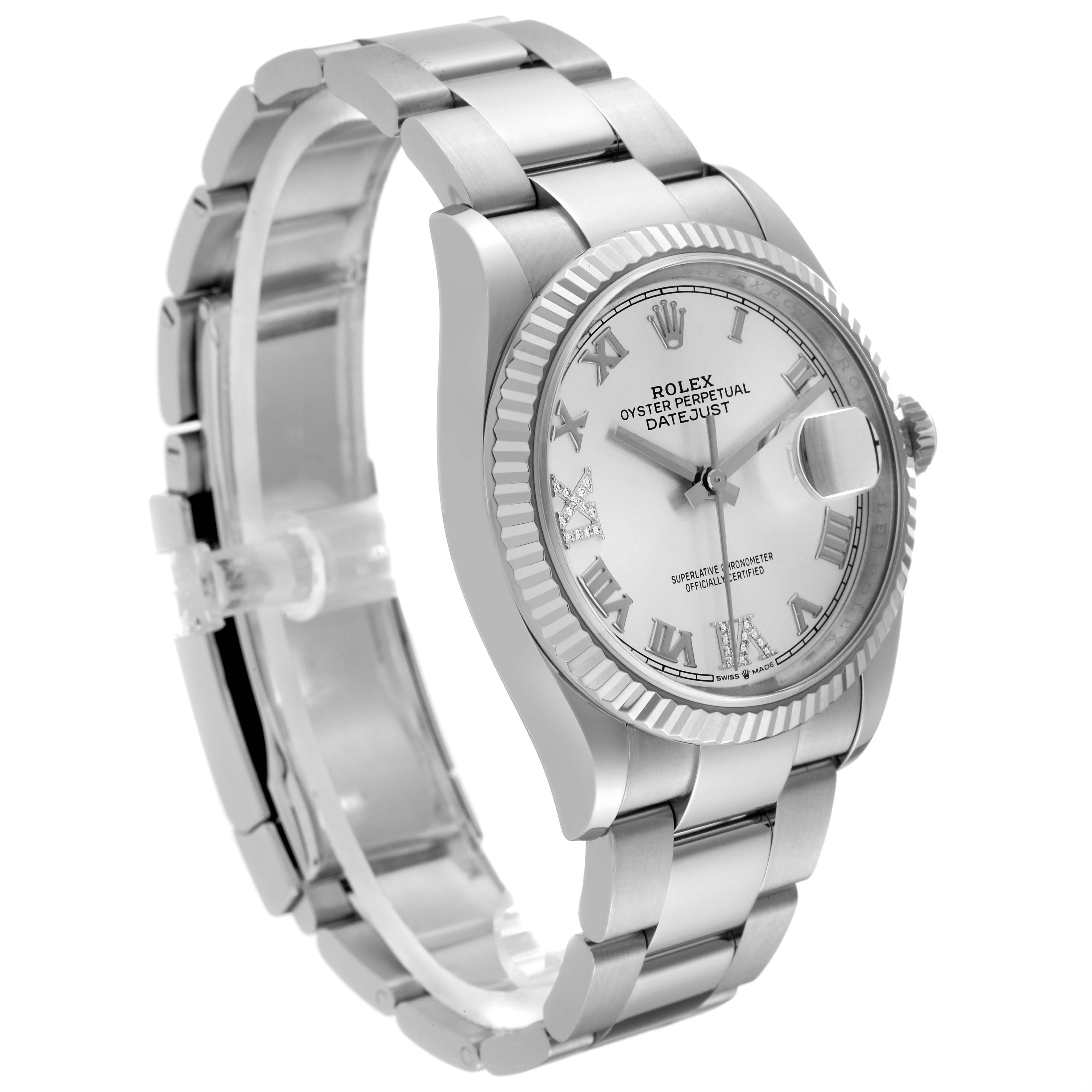 This image shows the Rolex Datejust 126234 Men's Stainless Steel Silver Dial 126234 Men's Stainless Steel Silver Dial watch at a three-quarter angle, highlighting the dial, bezel, case, and part of the bracelet.