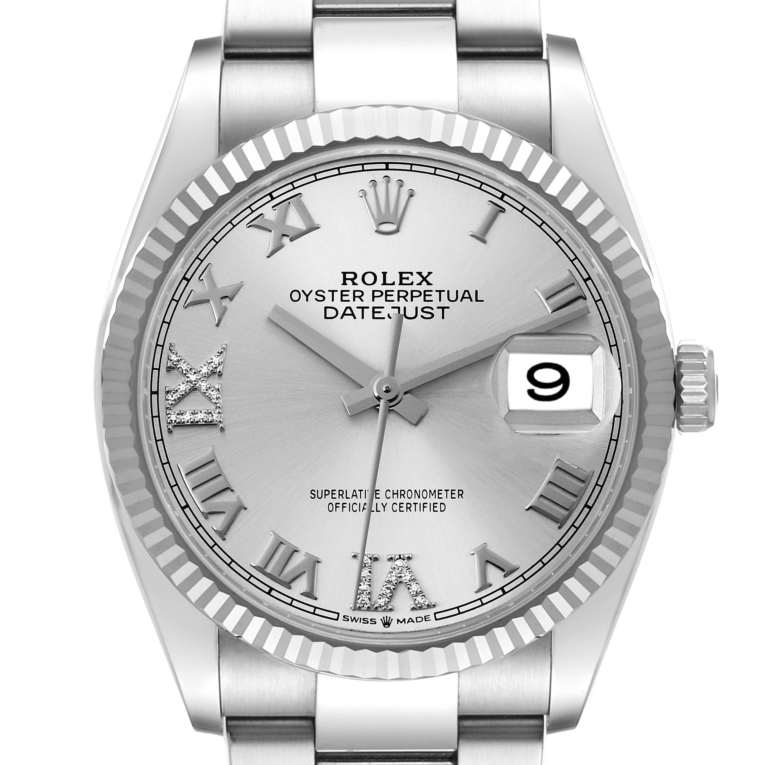 This image shows a front view of a Rolex Datejust 126234 Men's Stainless Steel Silver Dial 126234 Men's Stainless Steel Silver Dial watch, highlighting the dial, hands, and date magnifier.