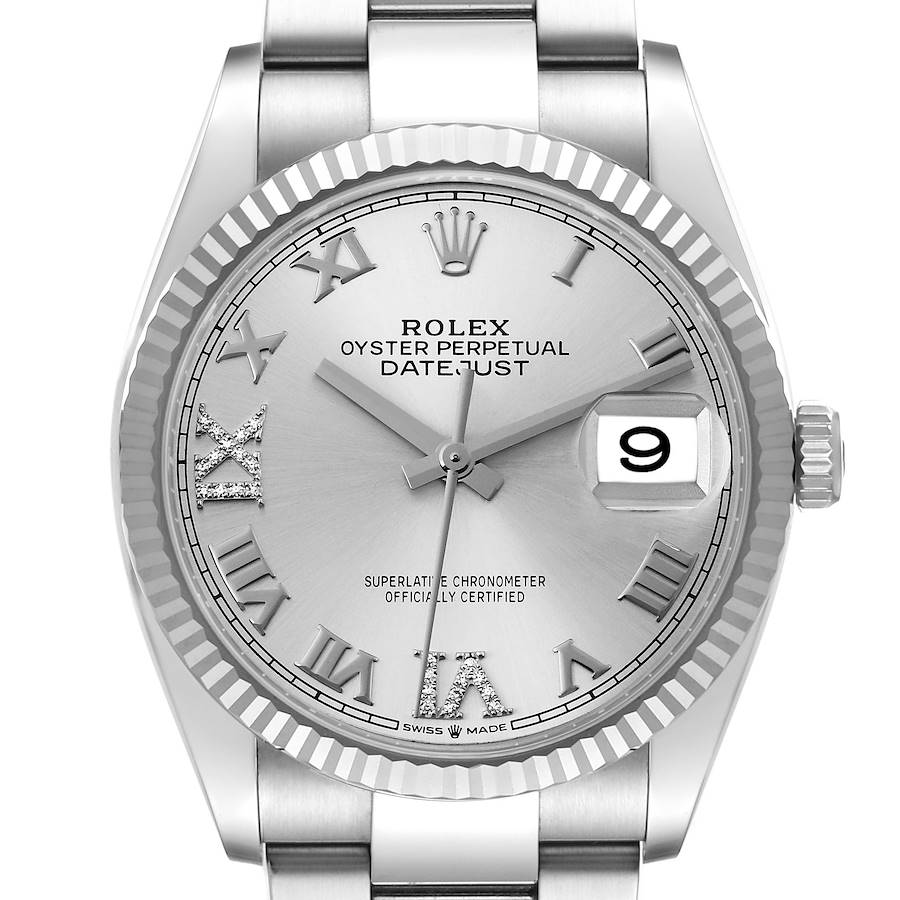 This image shows a front view of a Rolex Datejust watch, highlighting the dial, hands, and date magnifier.