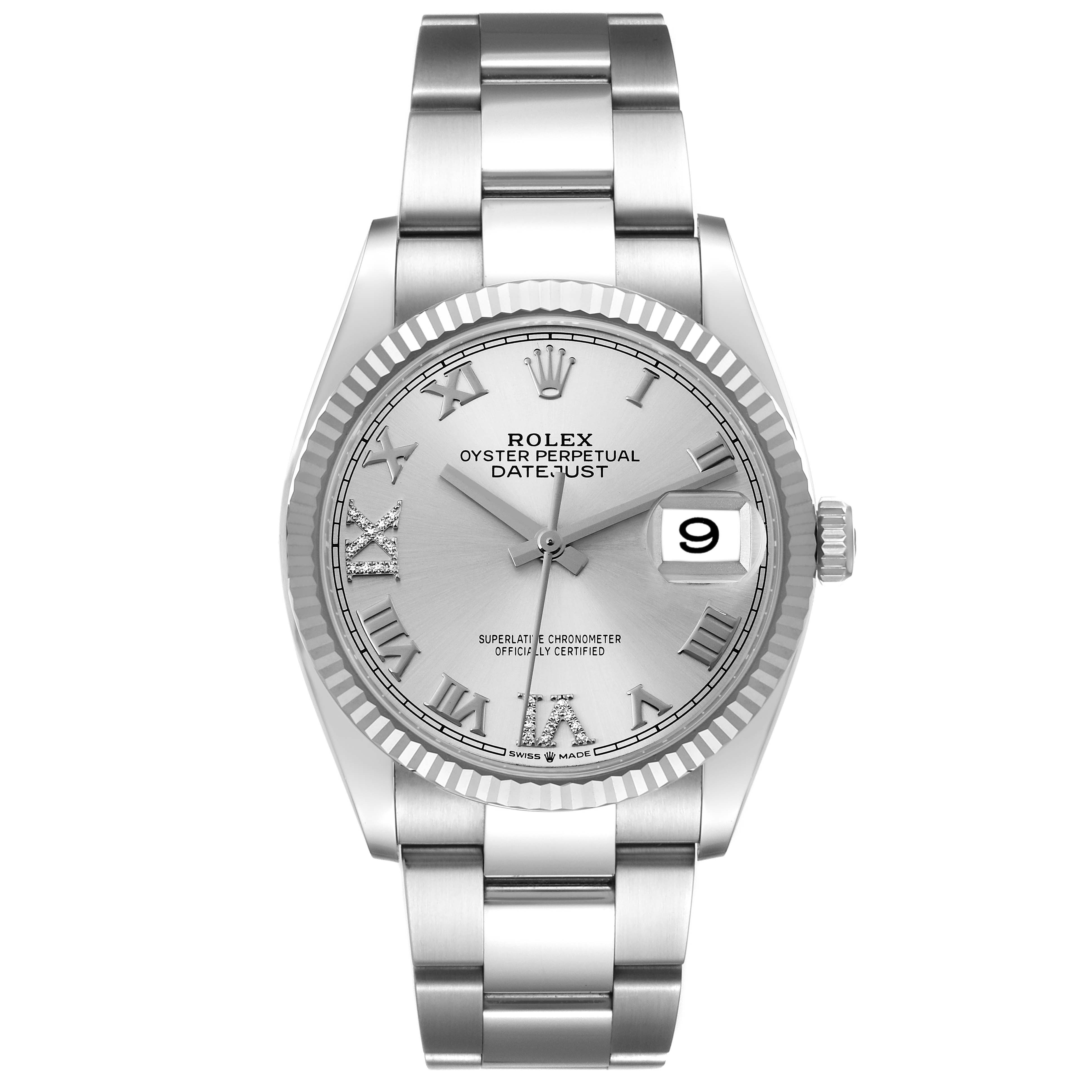 The image shows a front view of a Rolex Datejust 126234 Men's Stainless Steel Silver Dial 126234 Men's Stainless Steel Silver Dial watch, showcasing the dial, fluted bezel, and bracelet.