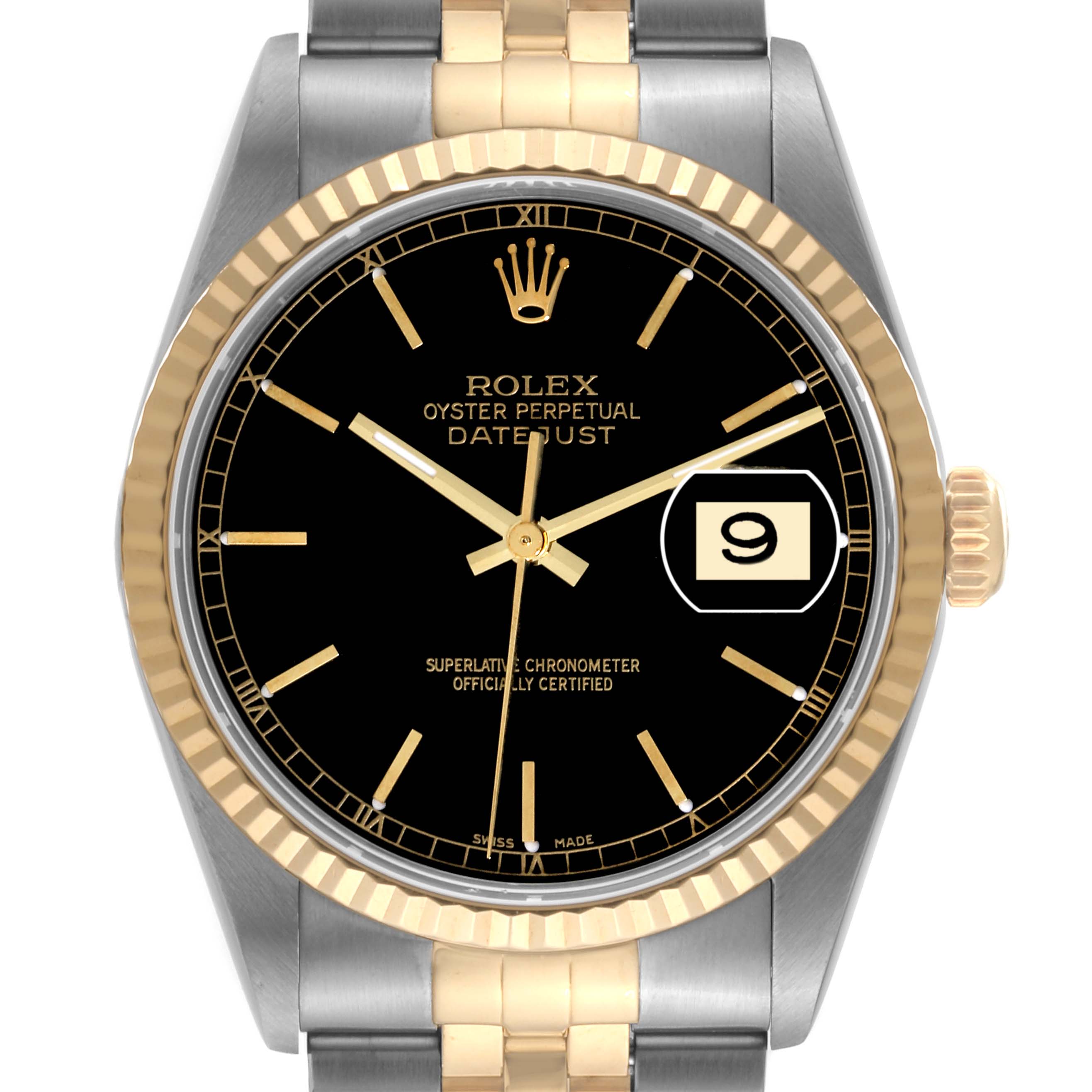 This is a front view of a Rolex Datejust 16233 Men's Steel and Gold (two tone) Black Dial 16233 Men's Steel and Gold (two tone) Black Dial watch, showing its face, bezel, and part of the bracelet.