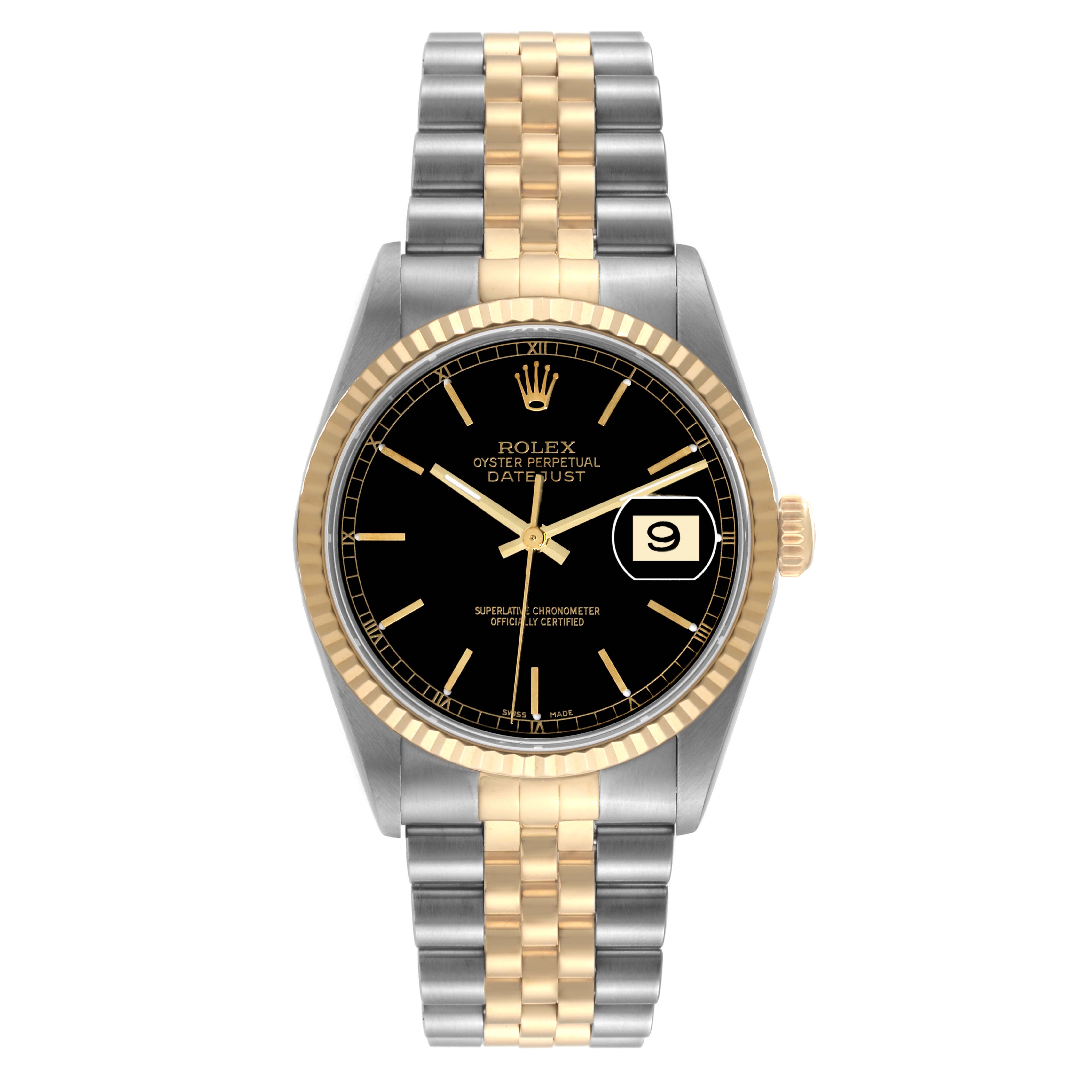 The image shows a front view of a Rolex Datejust 16233 Men's Steel and Gold (two tone) Black Dial 16233 Men's Steel and Gold (two tone) Black Dial watch, featuring a black dial, gold bezel, and two-tone bracelet.