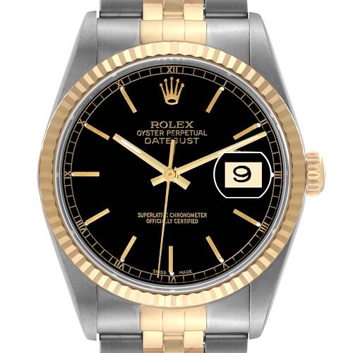 The image shows a front view of a Rolex Datejust watch highlighting the dial, hands, date window, and part of the bracelet.