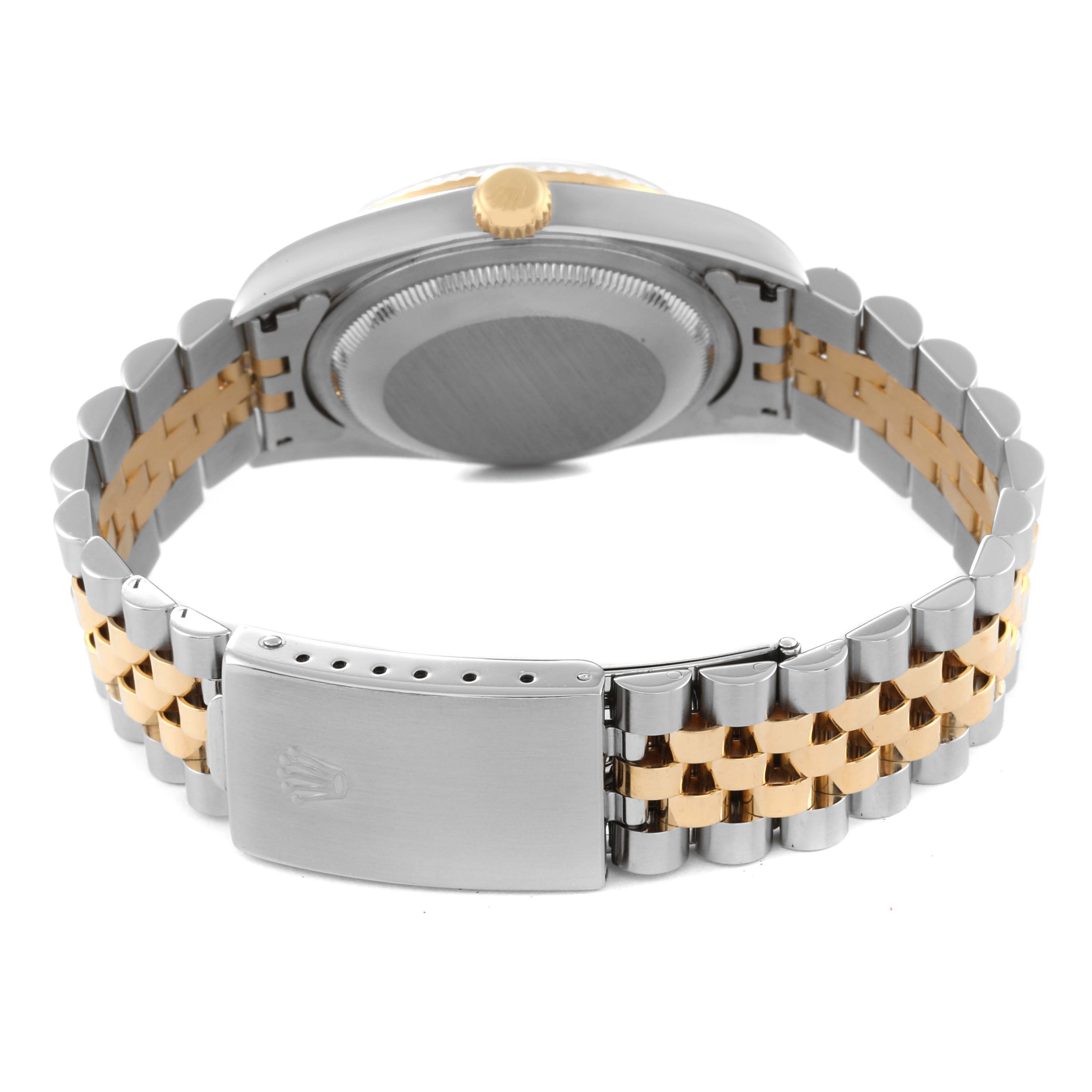 This Rolex Datejust 16233 Men's Steel and Gold (two tone) Black Dial 16233 Men's Steel and Gold (two tone) Black Dial watch is shown from the back, highlighting its bracelet and clasp with the case back visible.