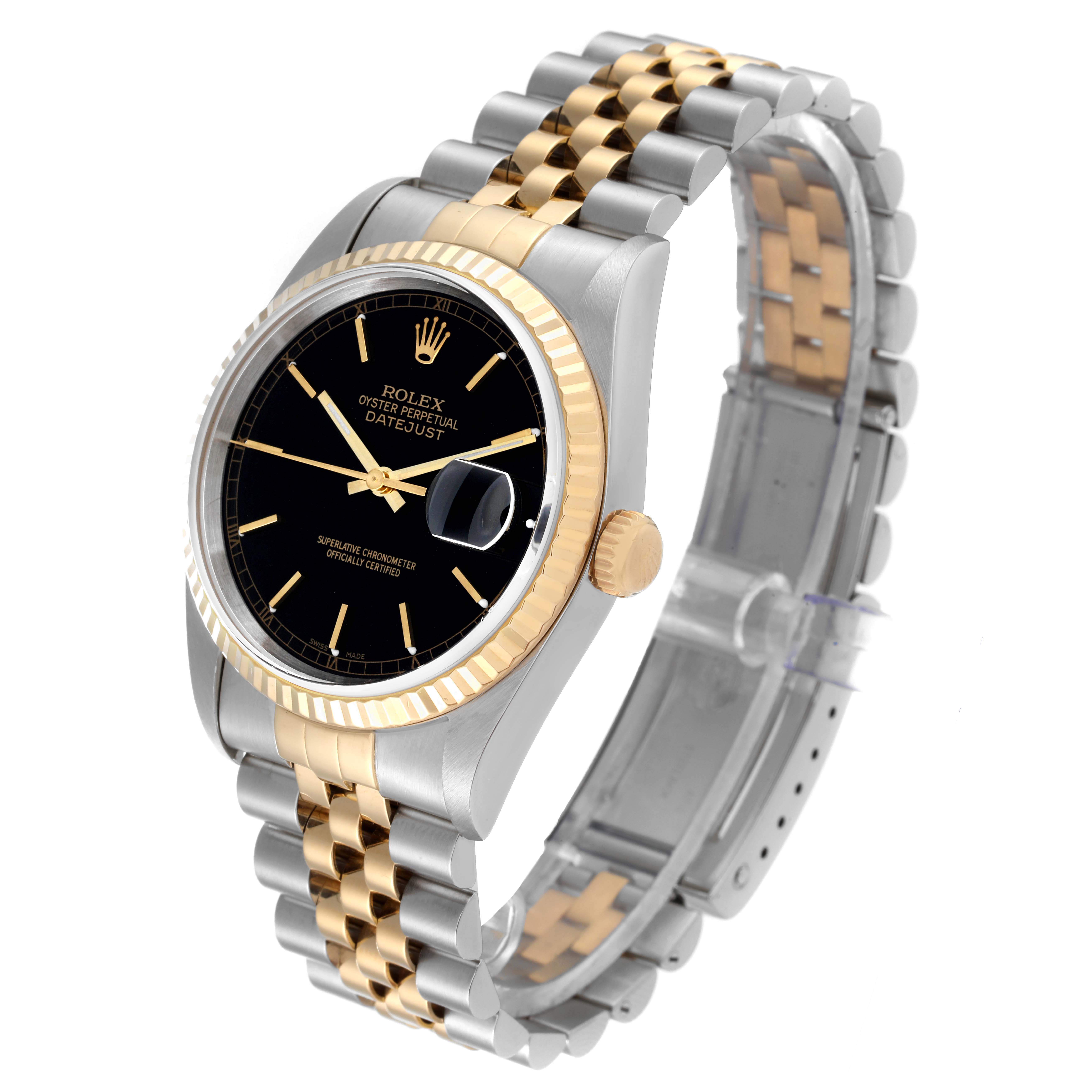 This image shows a Rolex Datejust 16233 Men's Steel and Gold (two tone) Black Dial 16233 Men's Steel and Gold (two tone) Black Dial watch from an angled side view, highlighting its two-tone bracelet and black dial.