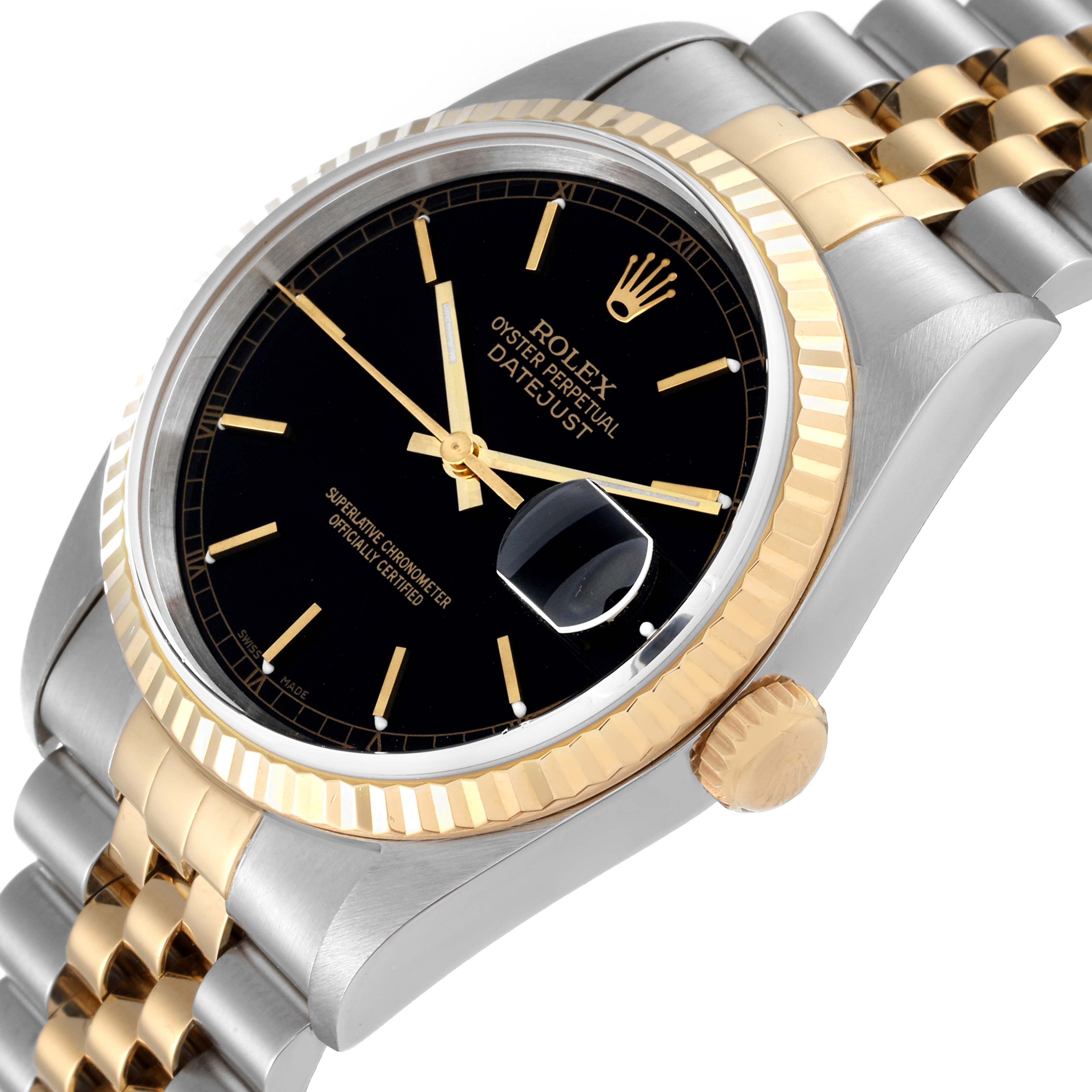 The image shows a close-up angle of the Rolex Datejust 16233 Men's Steel and Gold (two tone) Black Dial 16233 Men's Steel and Gold (two tone) Black Dial watch, highlighting its dial, bezel, and part of the jubilee bracelet.