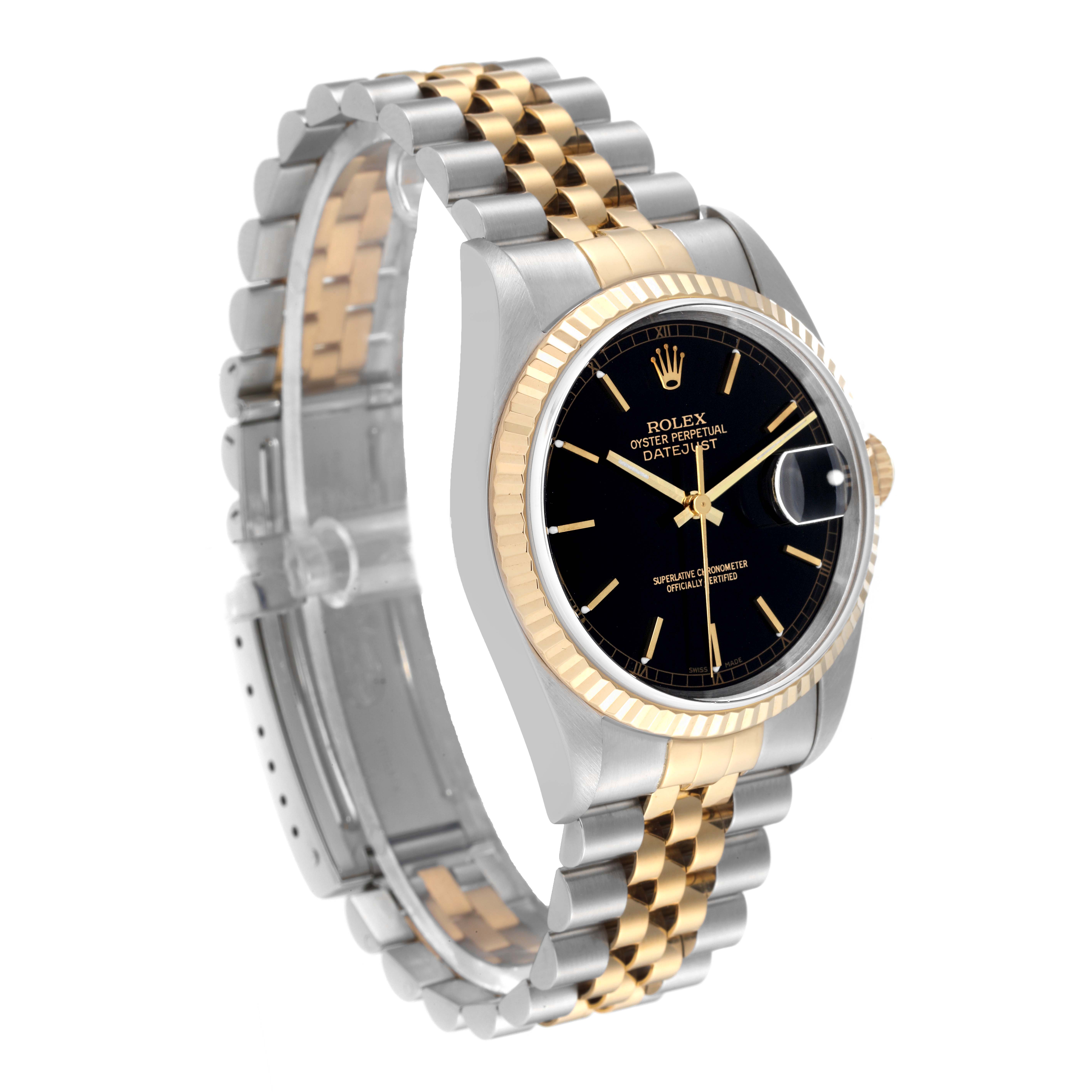 This image shows a side angle of a Rolex Datejust 16233 Men's Steel and Gold (two tone) Black Dial 16233 Men's Steel and Gold (two tone) Black Dial watch, highlighting the black dial, gold bezel, and two-tone bracelet.