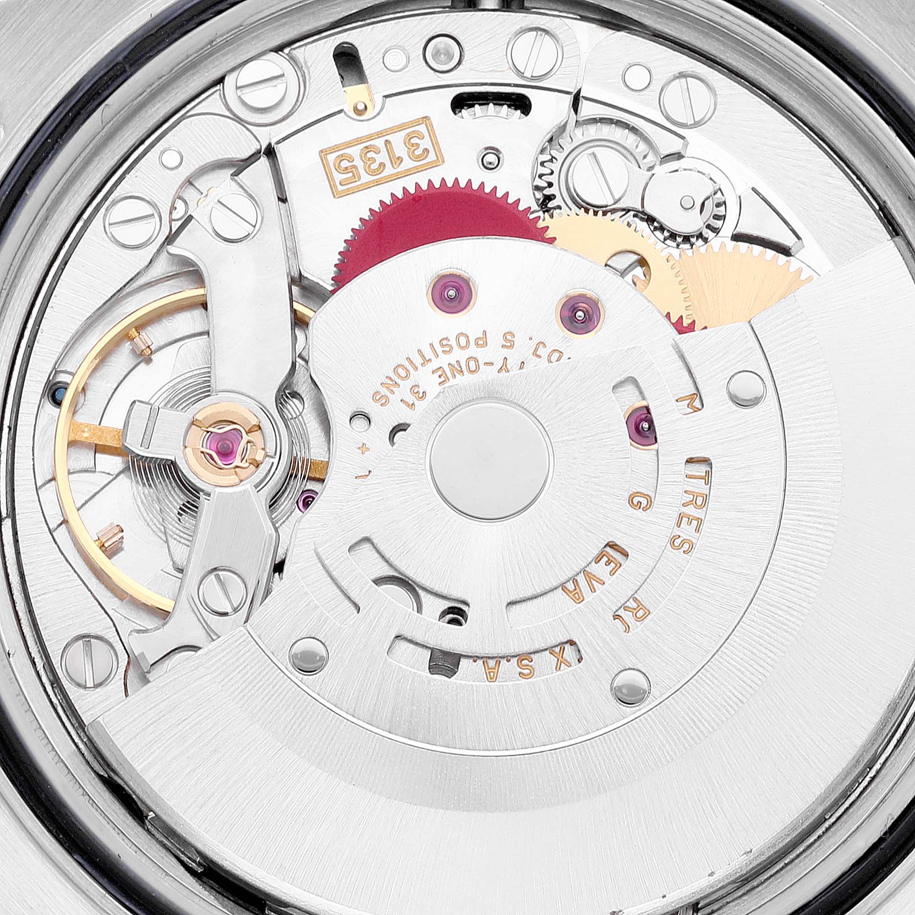 This close-up image shows the intricate internal mechanism of a Rolex Datejust 16233 Men's Steel and Gold (two tone) Black Dial 16233 Men's Steel and Gold (two tone) Black Dial watch from the back.