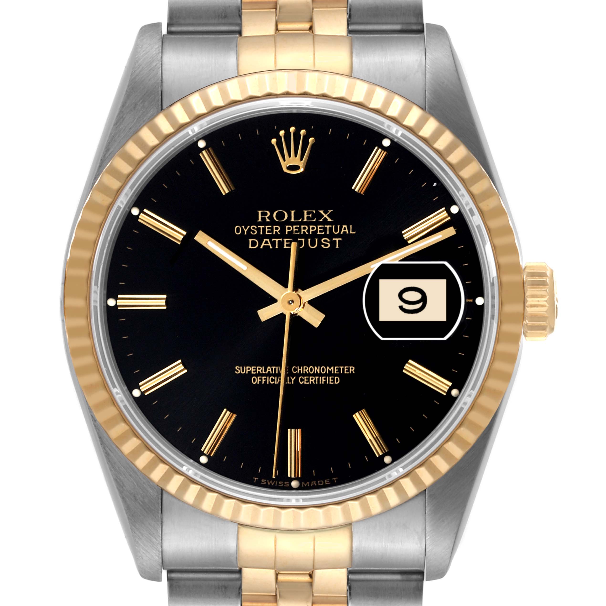 The image shows a front view of a Rolex Datejust 16233 Men's Steel and Gold (two tone) Black Dial 16233 Men's Steel and Gold (two tone) Black Dial watch, highlighting its black dial, gold hour markers, date display, and two-tone bracelet.