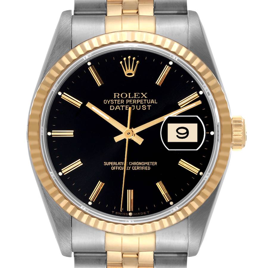 Rolex Datejust Steel Yellow Gold Black Dial Mens Watch 16233 Box Papers SwissWatchExpo
