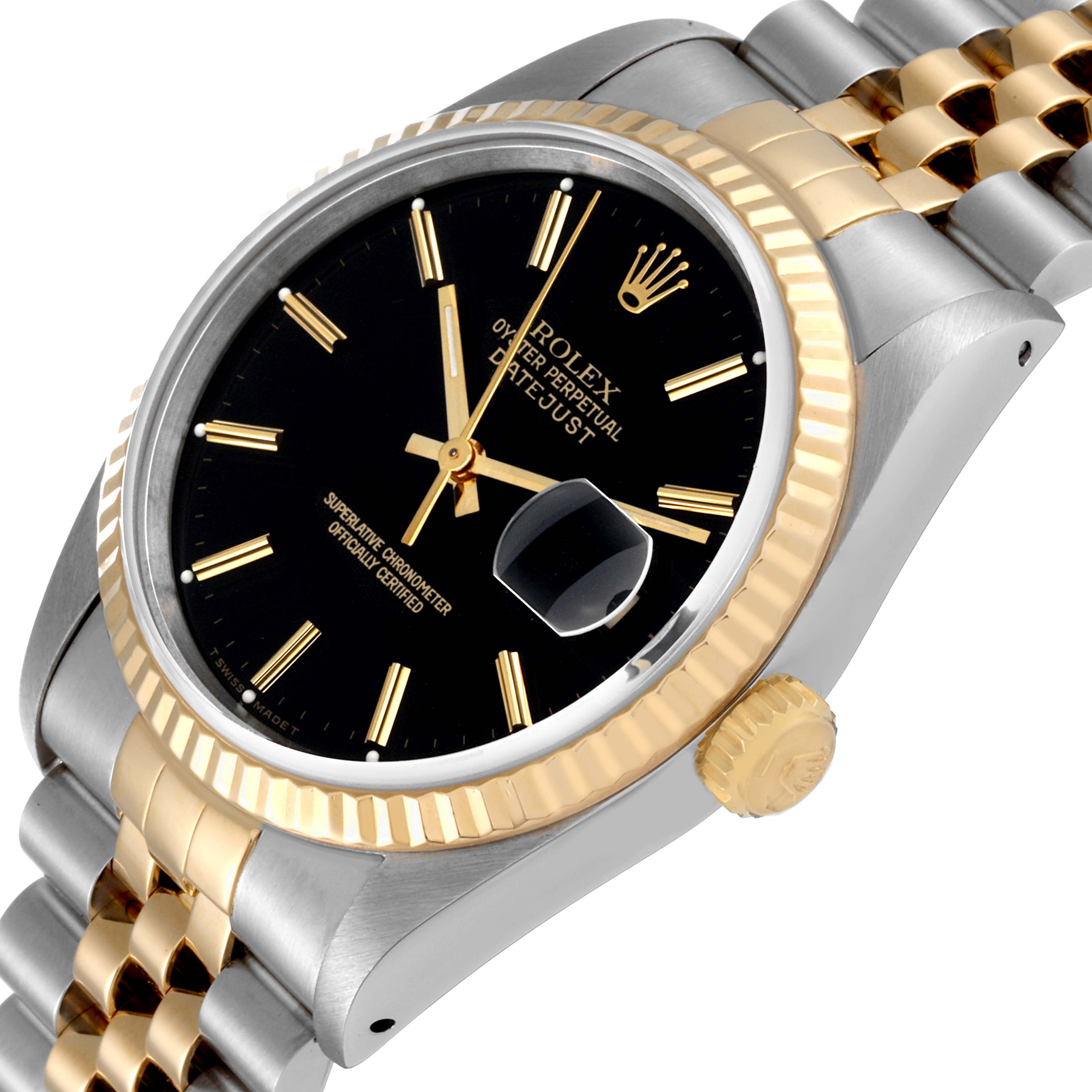 This image shows a close-up, angled view of the Rolex Datejust 16233 Men's Steel and Gold (two tone) Black Dial 16233 Men's Steel and Gold (two tone) Black Dial watch, highlighting its black dial, gold bezel, and two-tone bracelet.