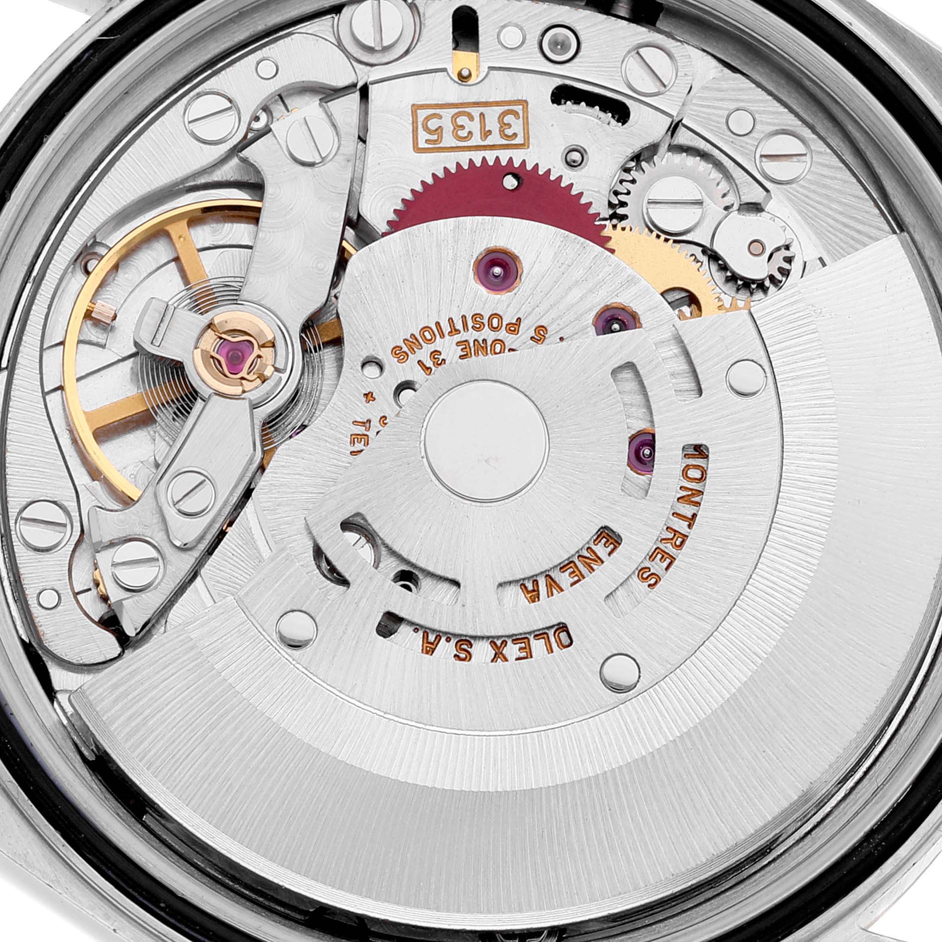 The image shows the internal mechanical movement components of a Rolex Datejust 16233 Men's Steel and Gold (two tone) Black Dial 16233 Men's Steel and Gold (two tone) Black Dial model watch from a back view angle.