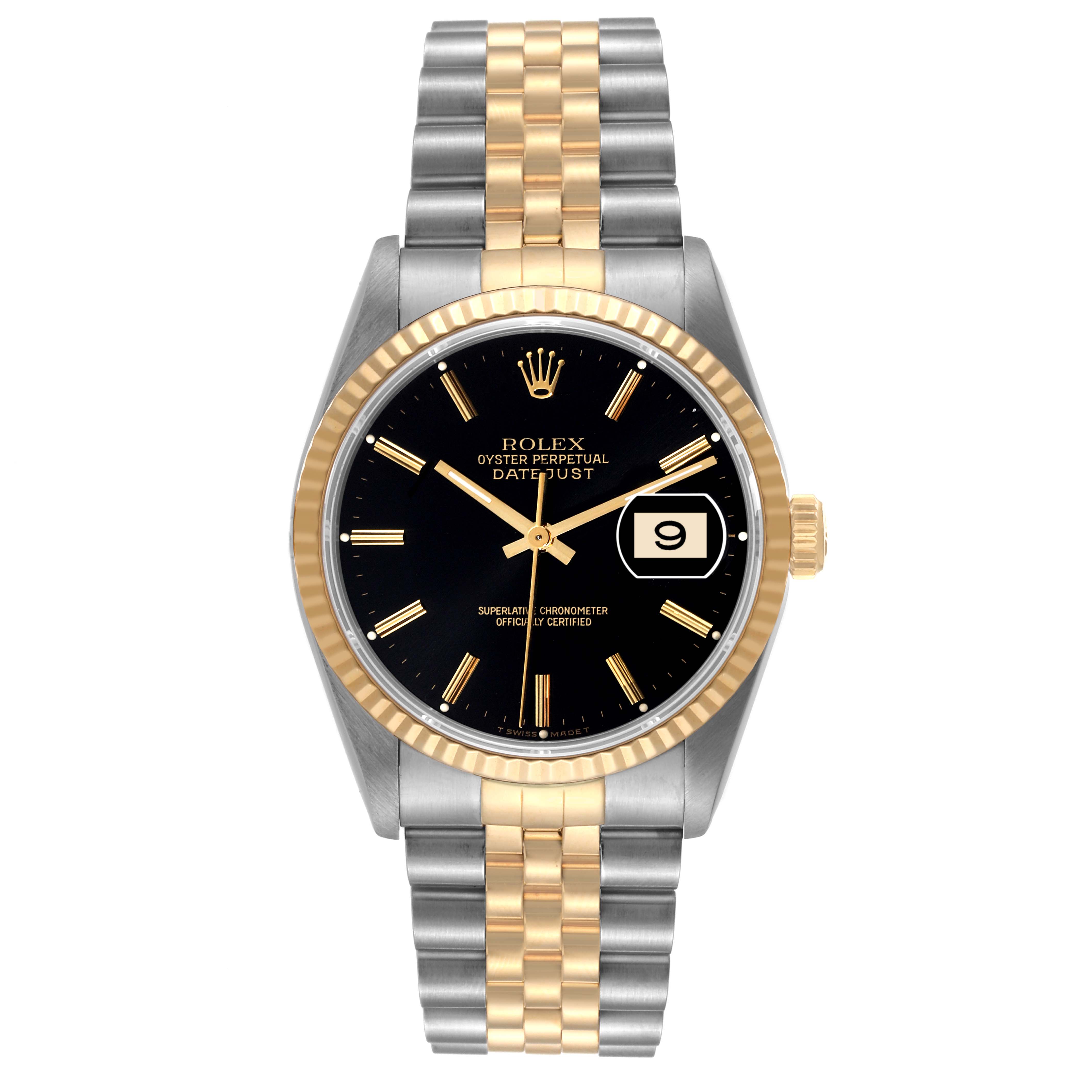 This image shows a front view of a Rolex Datejust 16233 Men's Steel and Gold (two tone) Black Dial 16233 Men's Steel and Gold (two tone) Black Dial watch, displaying the dial, bezel, bracelet, and date window.
