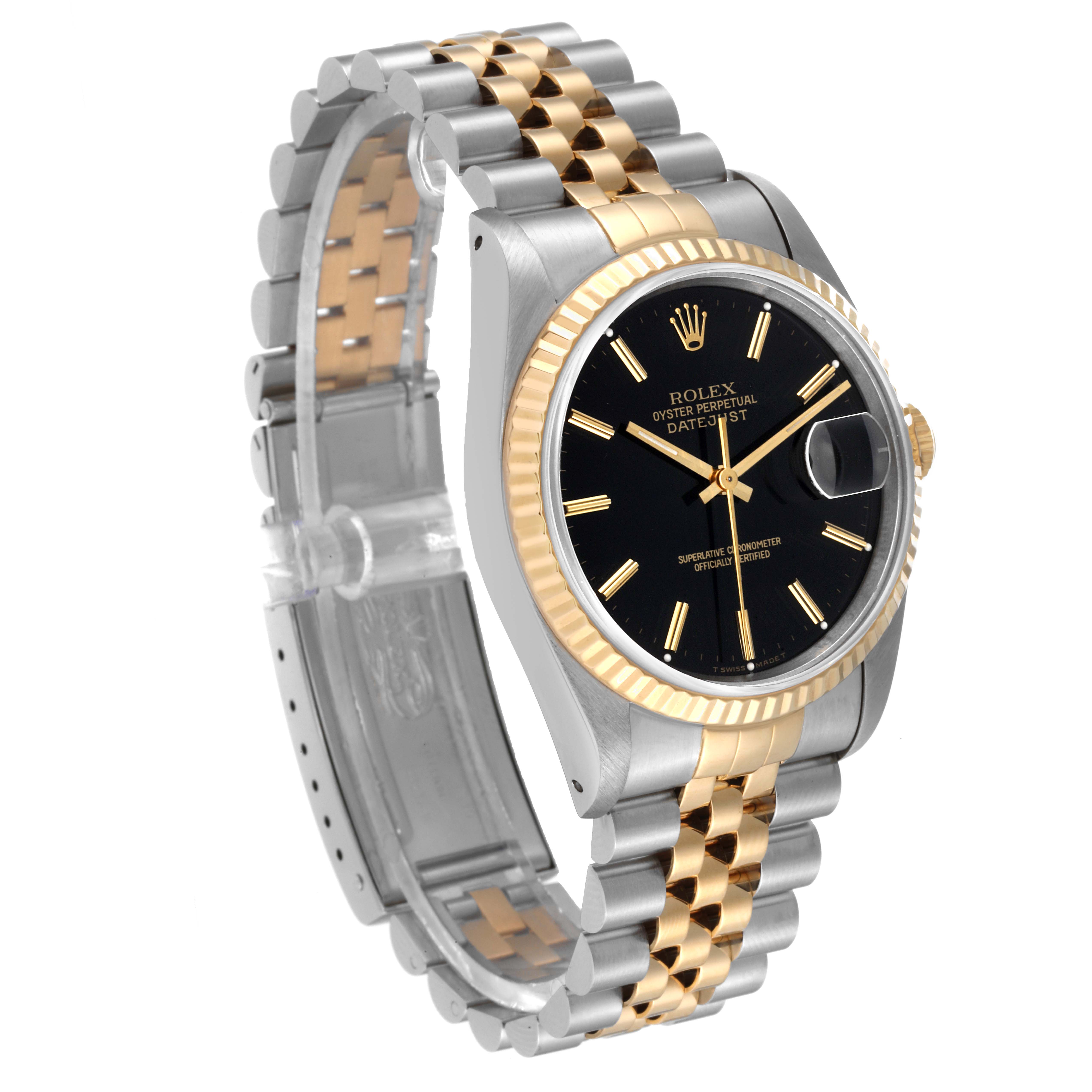 The image shows a side angle of a Rolex Datejust 16233 Men's Steel and Gold (two tone) Black Dial 16233 Men's Steel and Gold (two tone) Black Dial watch, highlighting its dual-tone bracelet, fluted bezel, and cyclops date lens.