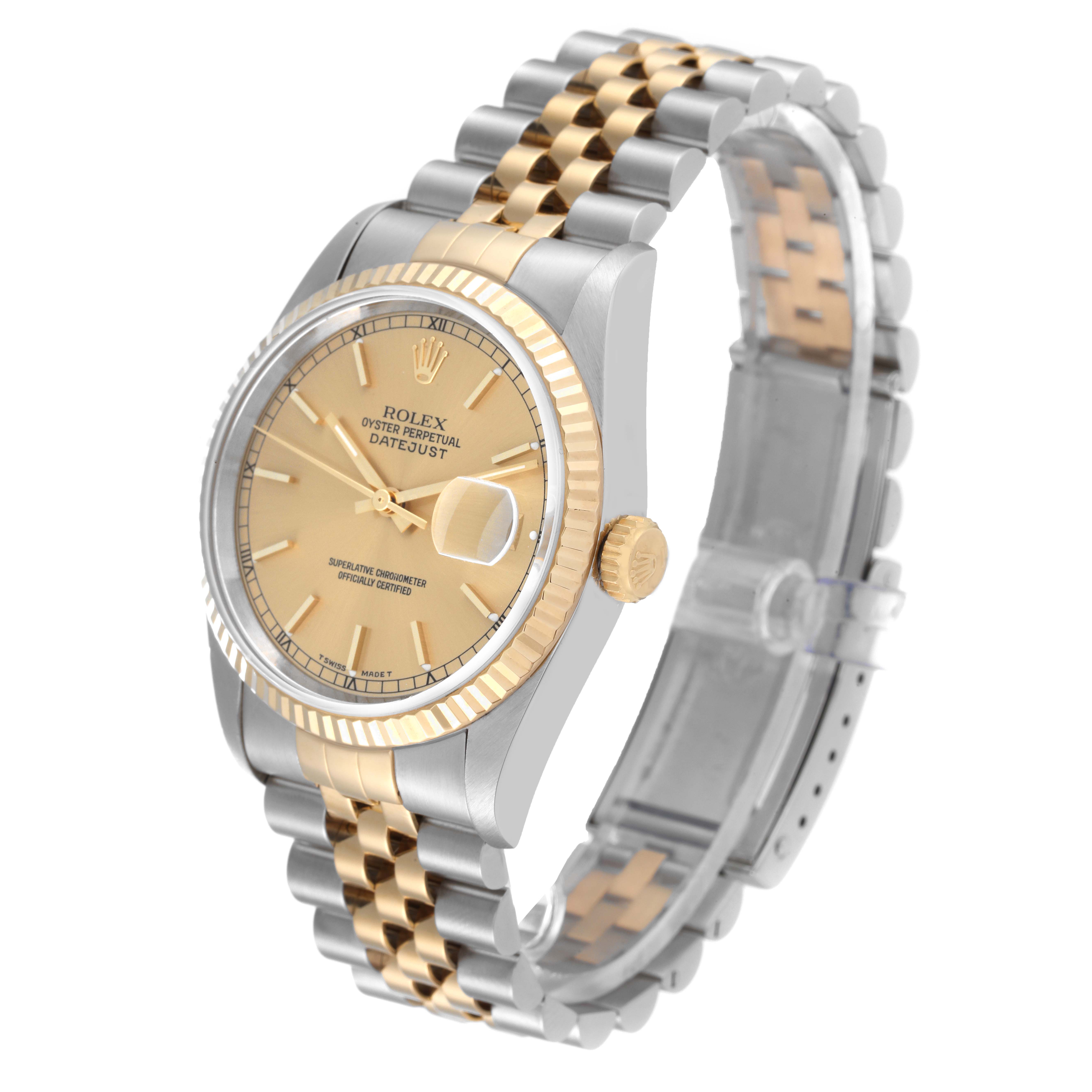 This Rolex Datejust 16233 Men's Steel and Gold (two tone) Champagne Dial 16233 Men's Steel and Gold (two tone) Champagne Dial watch is shown at an angle displaying its face, two-tone bracelet, and crown.