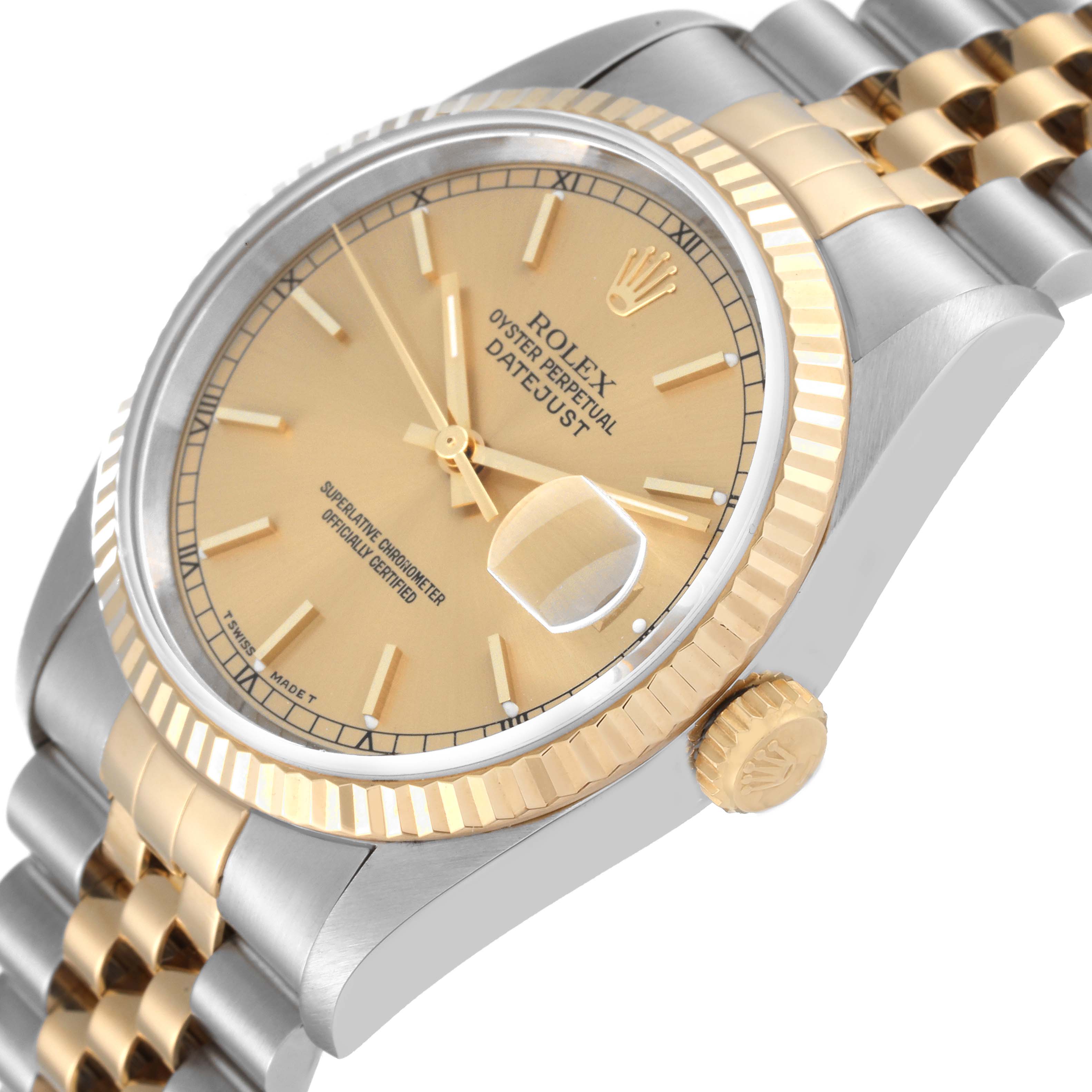 This image shows a side view of a Rolex Datejust 16233 Men's Steel and Gold (two tone) Champagne Dial 16233 Men's Steel and Gold (two tone) Champagne Dial, highlighting the crown, case, bezel, dial, and part of the bracelet.