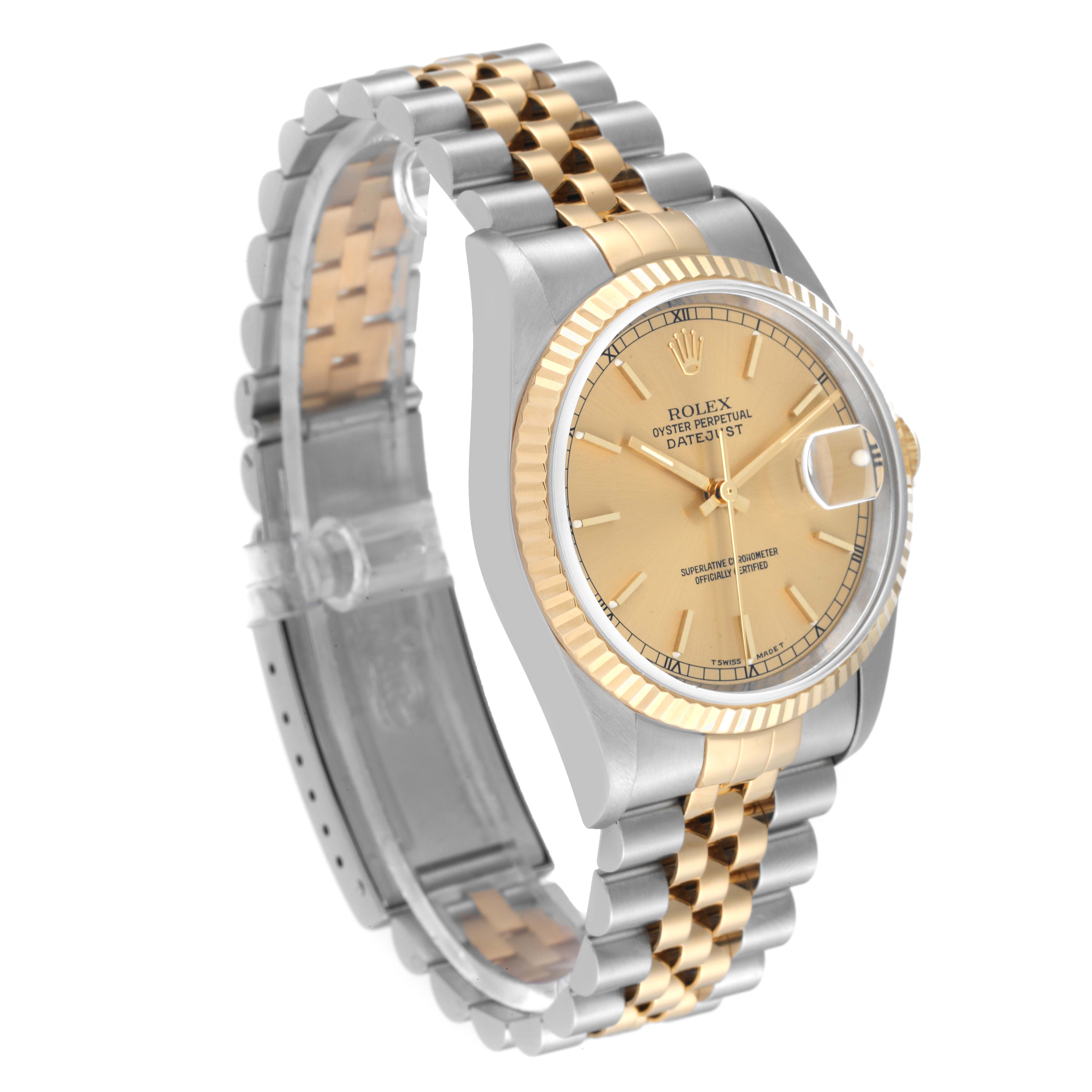 This image shows a side angle view of a Rolex Datejust 16233 Men's Steel and Gold (two tone) Champagne Dial 16233 Men's Steel and Gold (two tone) Champagne Dial watch, highlighting the gold and silver bracelet and gold face.