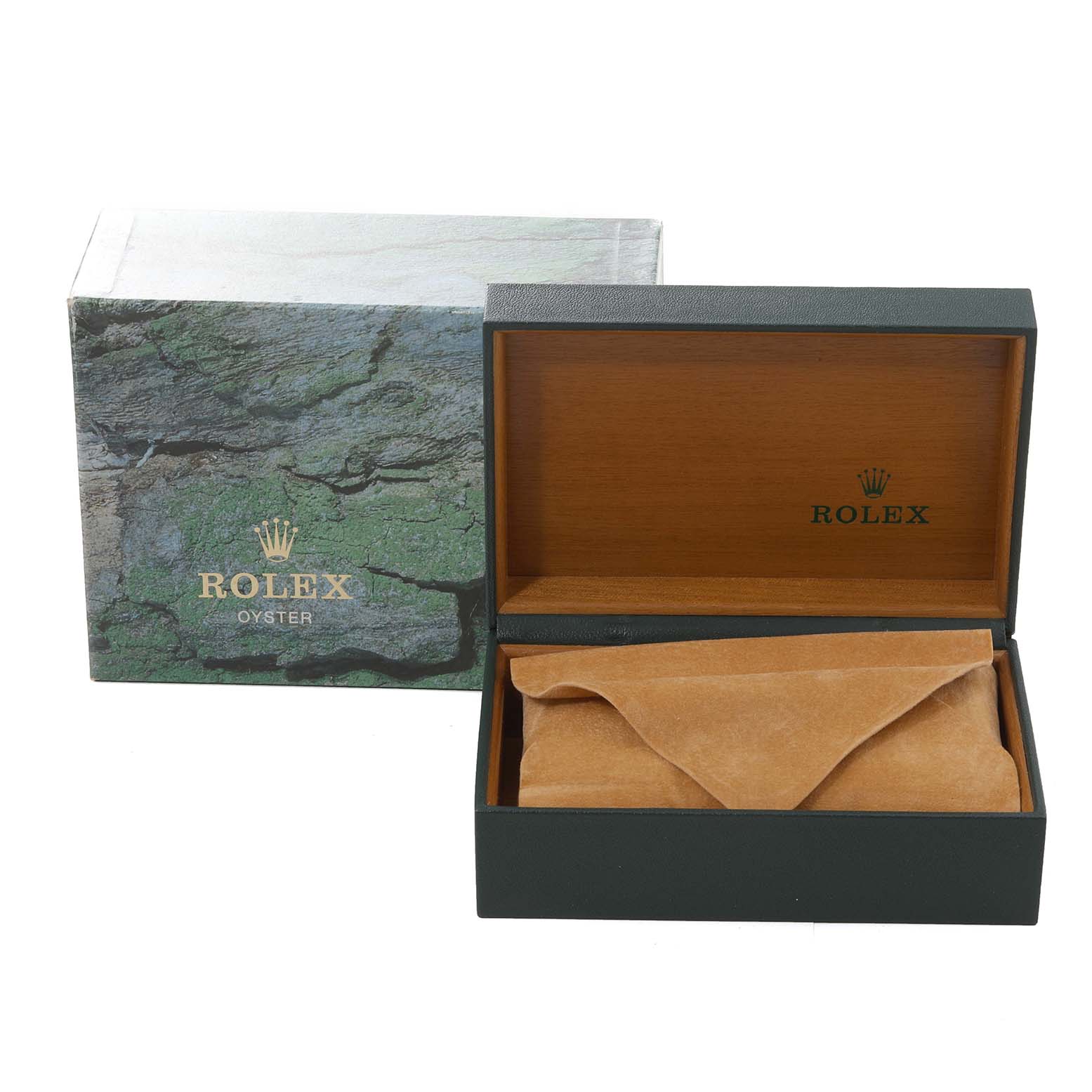 The image shows the packaging for a Rolex Datejust 16233 Men's Steel and Gold (two tone) Champagne Dial 16233 Men's Steel and Gold (two tone) Champagne Dial watch, featuring a green box and an open wooden case with a beige suede pouch inside.