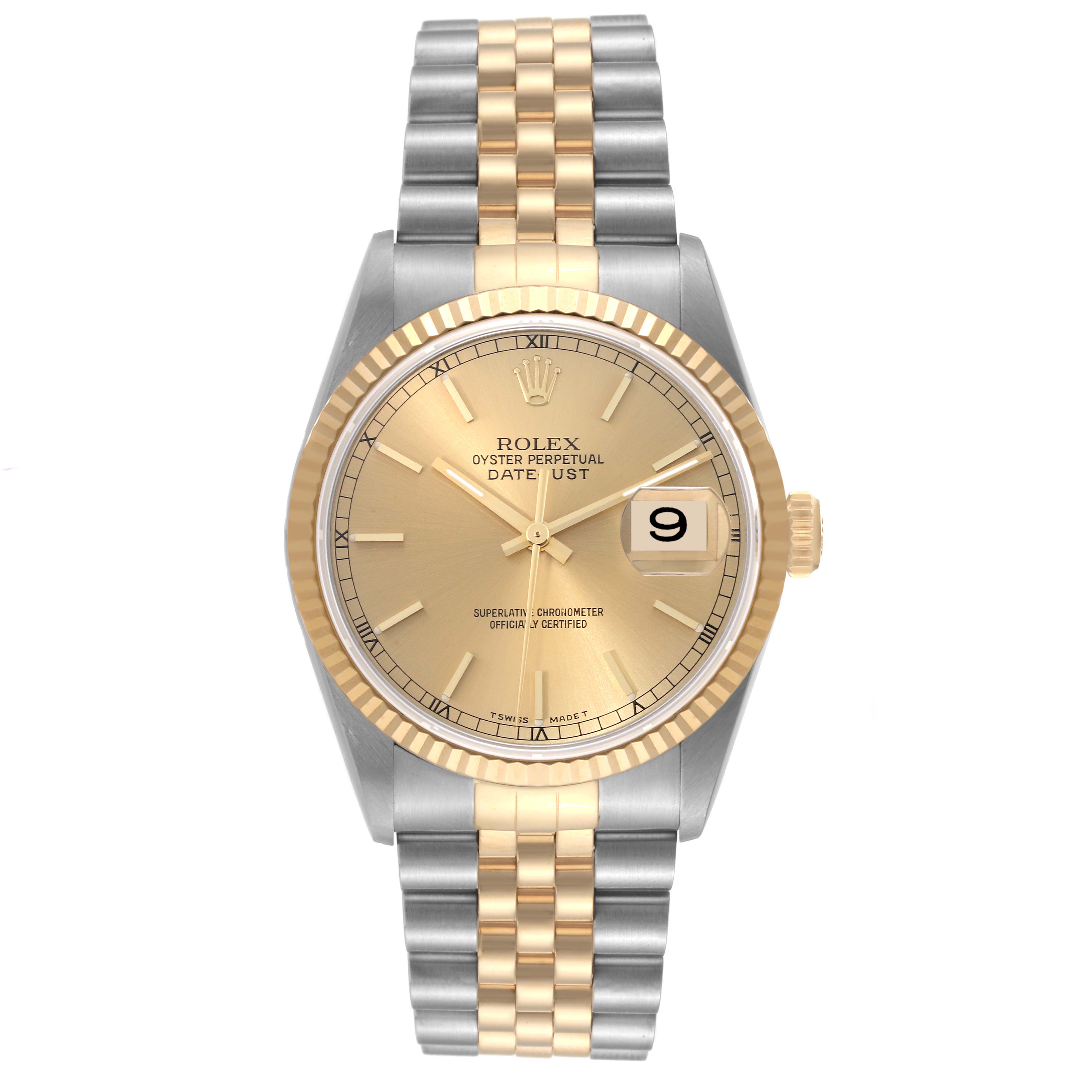 The image shows a front view of a Rolex Datejust 16233 Men's Steel and Gold (two tone) Champagne Dial 16233 Men's Steel and Gold (two tone) Champagne Dial watch, highlighting its two-tone bracelet and gold dial with a date display.
