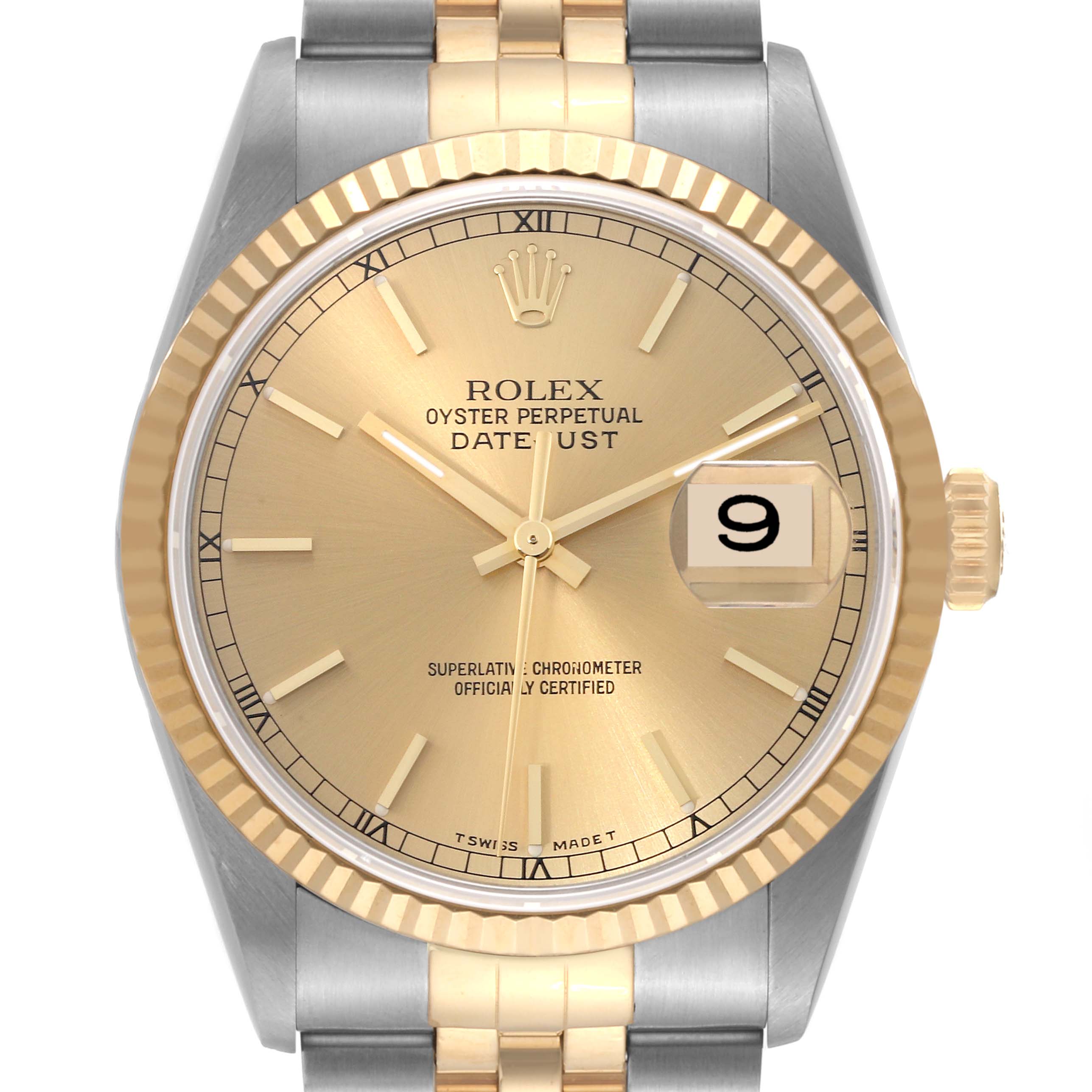 This image shows a front view of a Rolex Datejust 16233 Men's Steel and Gold (two tone) Champagne Dial 16233 Men's Steel and Gold (two tone) Champagne Dial watch, highlighting its gold and silver color, fluted bezel, and date window at 3 o'clock.