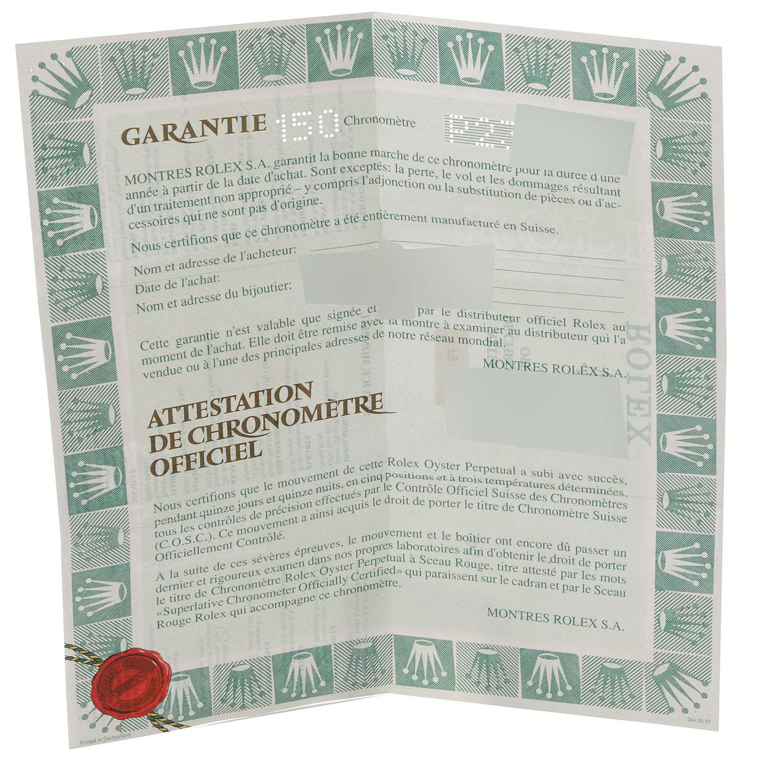 This image shows an official warranty and chronometer certification for a Rolex Datejust 79173 Women's Steel and Gold (two tone) Blue Dial 79173 Women's Steel and Gold (two tone) Blue Dial watch.