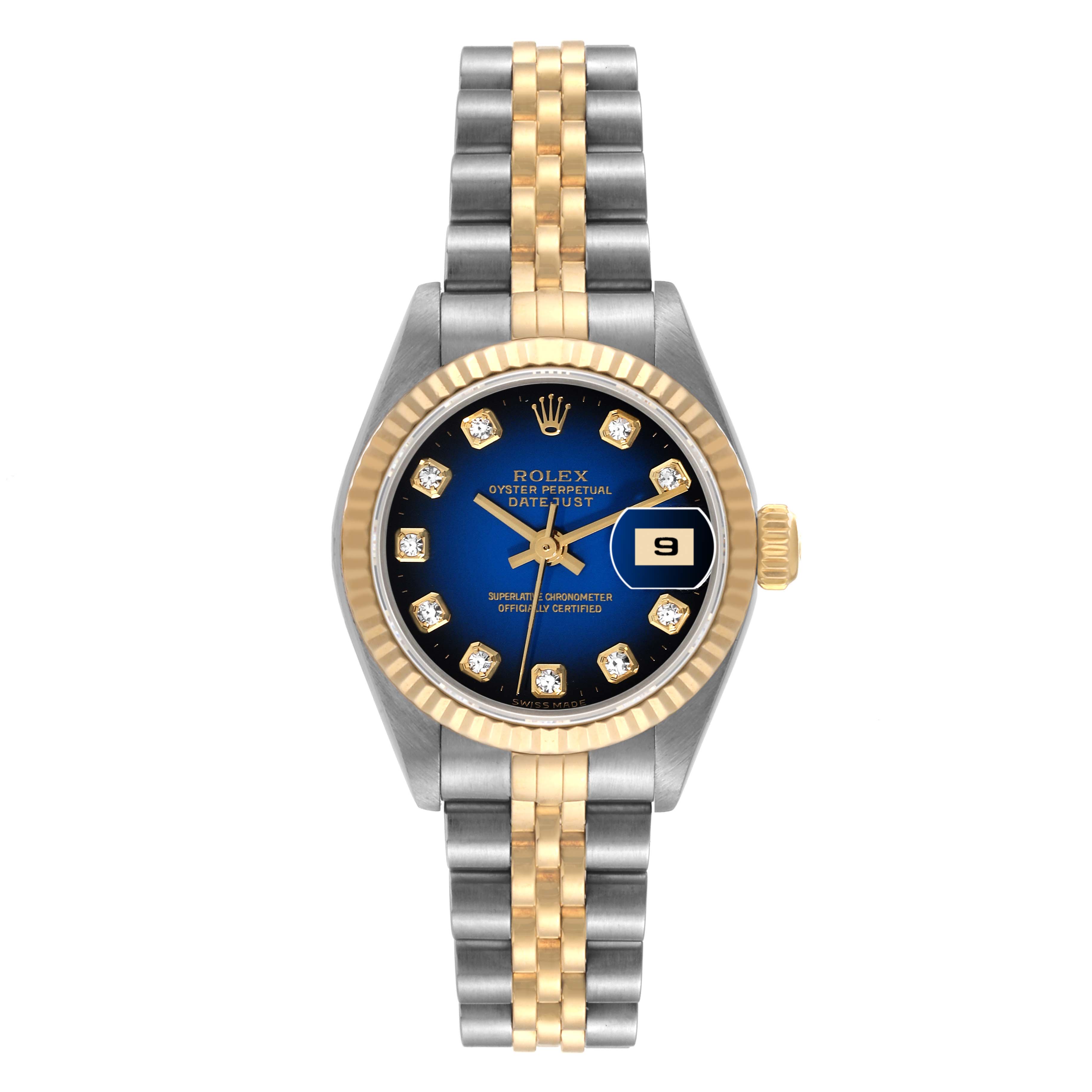 The image shows a frontal view of a Rolex Datejust 79173 Women's Steel and Gold (two tone) Blue Dial 79173 Women's Steel and Gold (two tone) Blue Dial watch featuring a blue dial, diamond markers, gold fluted bezel, and two-tone bracelet.
