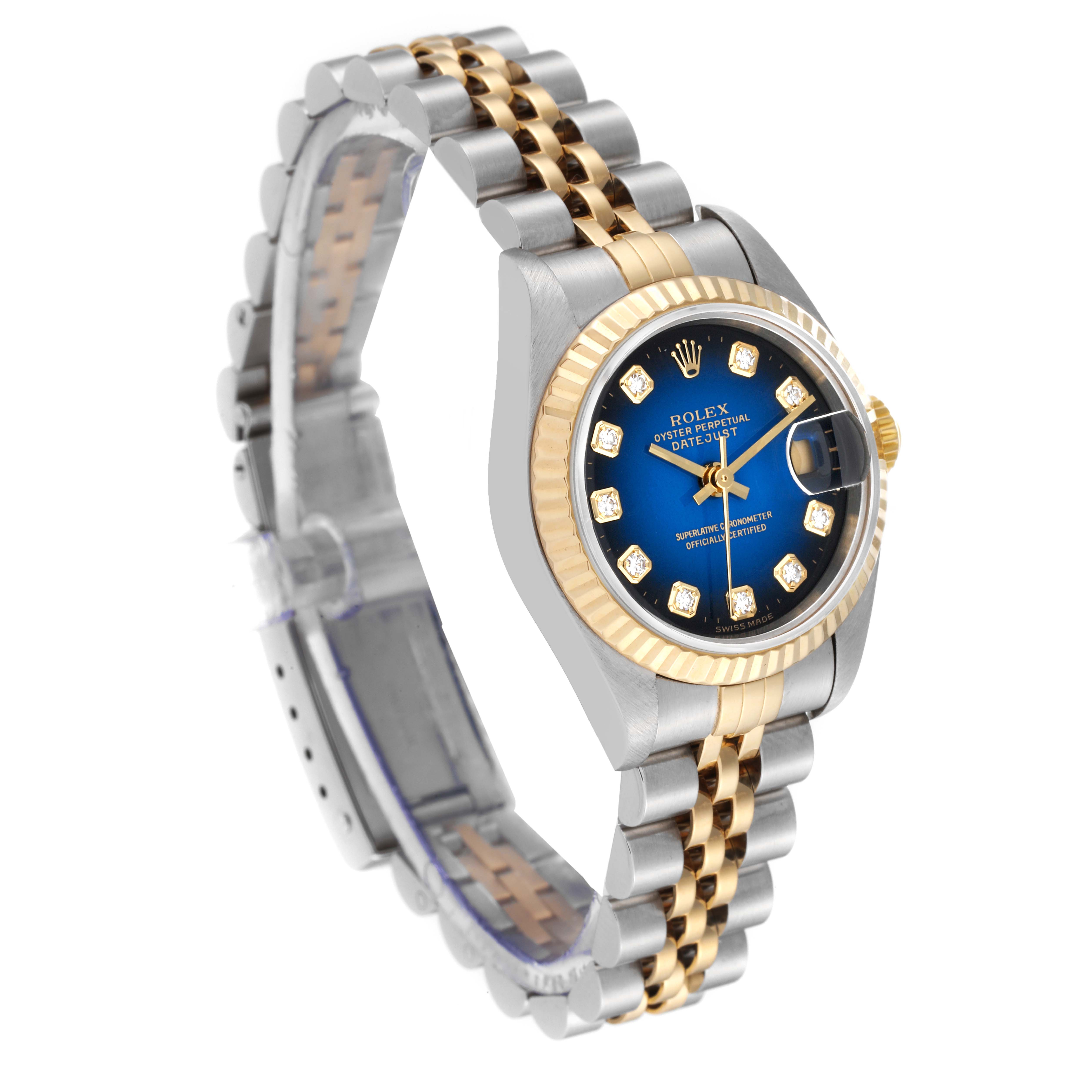 The image shows a Rolex Datejust 79173 Women's Steel and Gold (two tone) Blue Dial 79173 Women's Steel and Gold (two tone) Blue Dial model watch at a 3/4 angle highlighting the face, bracelet, and part of the clasp.