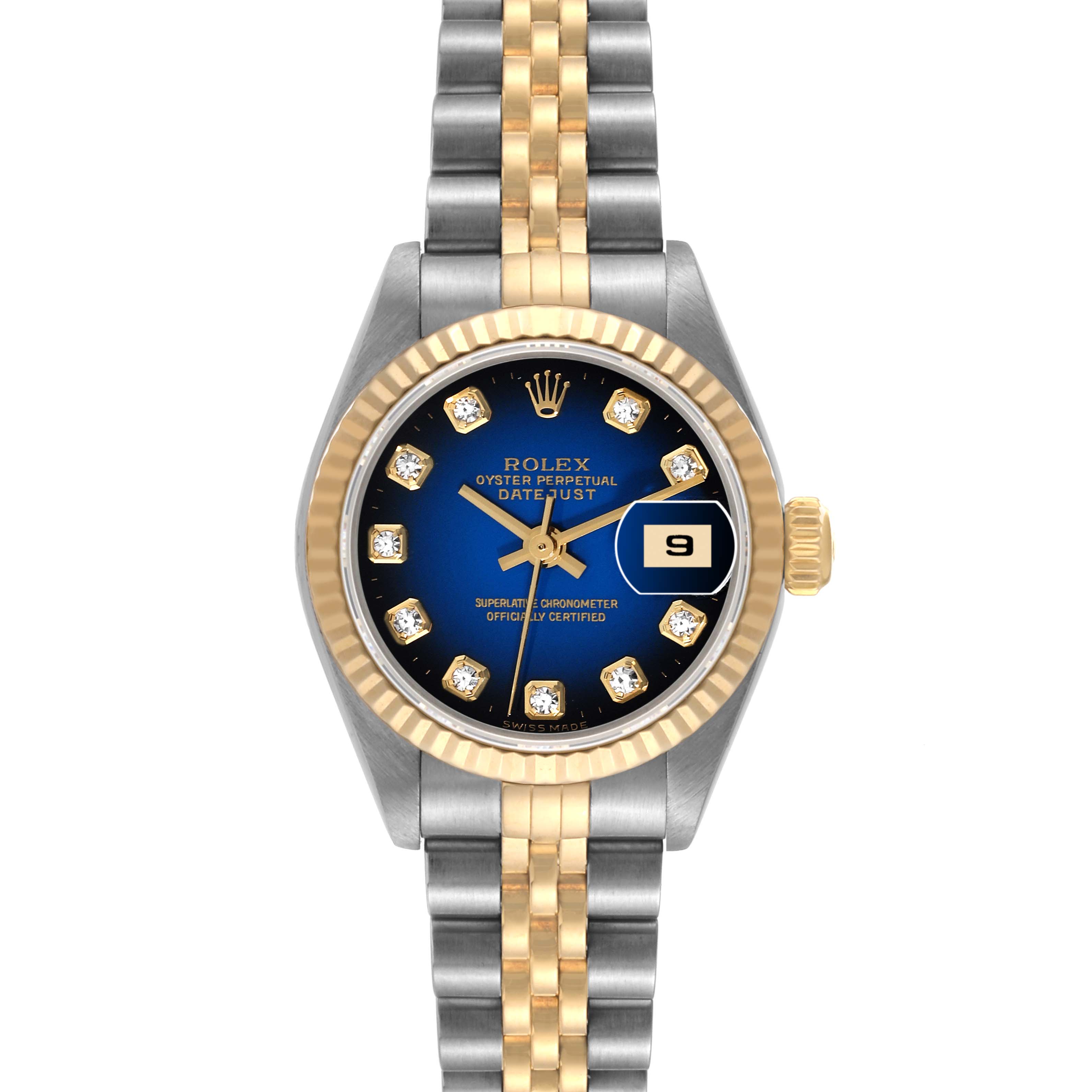 This image shows a front view of a Rolex Datejust 79173 Women's Steel and Gold (two tone) Blue Dial 79173 Women's Steel and Gold (two tone) Blue Dial watch, displaying its dial, bezel, and two-tone bracelet.