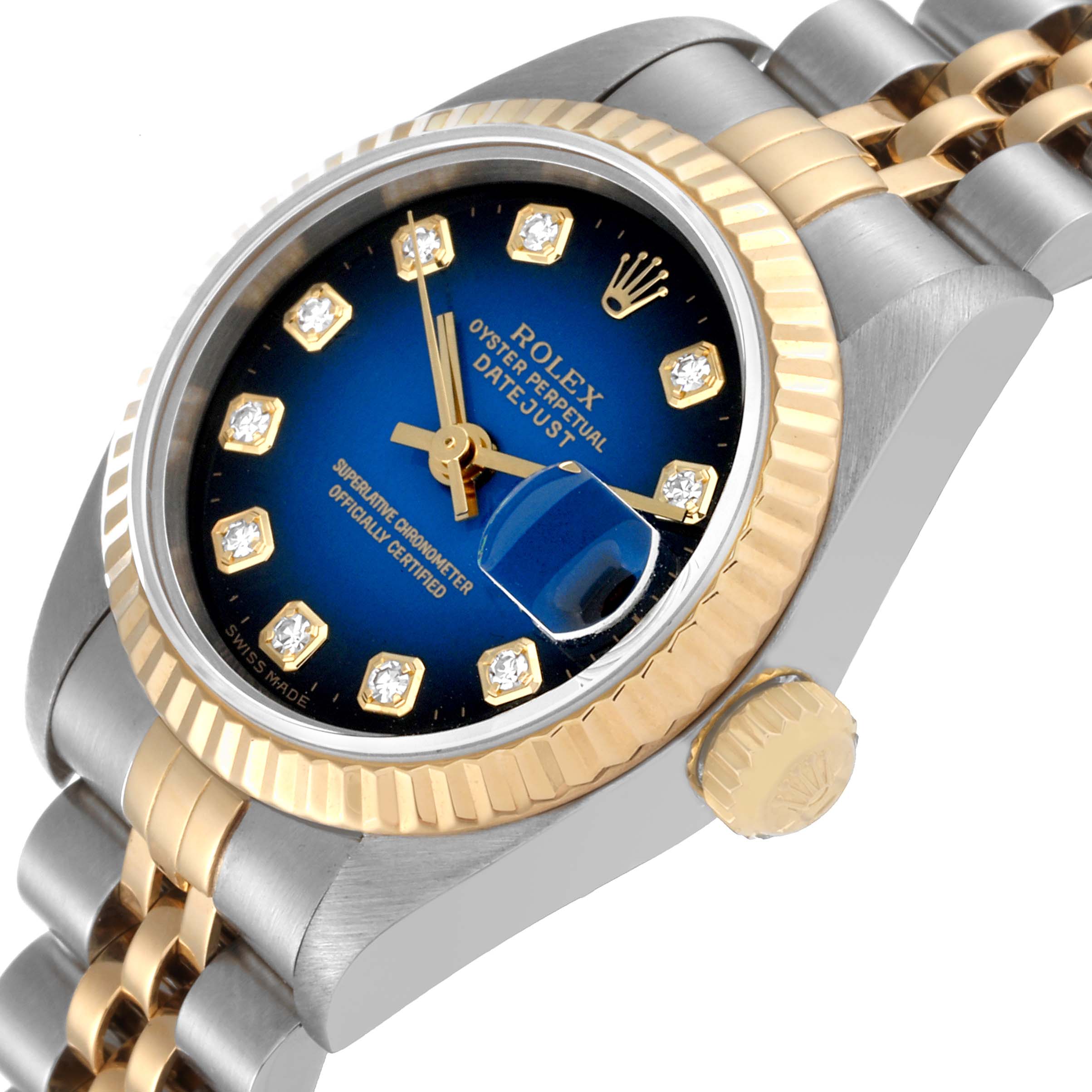 This Rolex Datejust 79173 Women's Steel and Gold (two tone) Blue Dial 79173 Women's Steel and Gold (two tone) Blue Dial watch image shows the face and bust-down jubilee bracelet from an angled perspective.