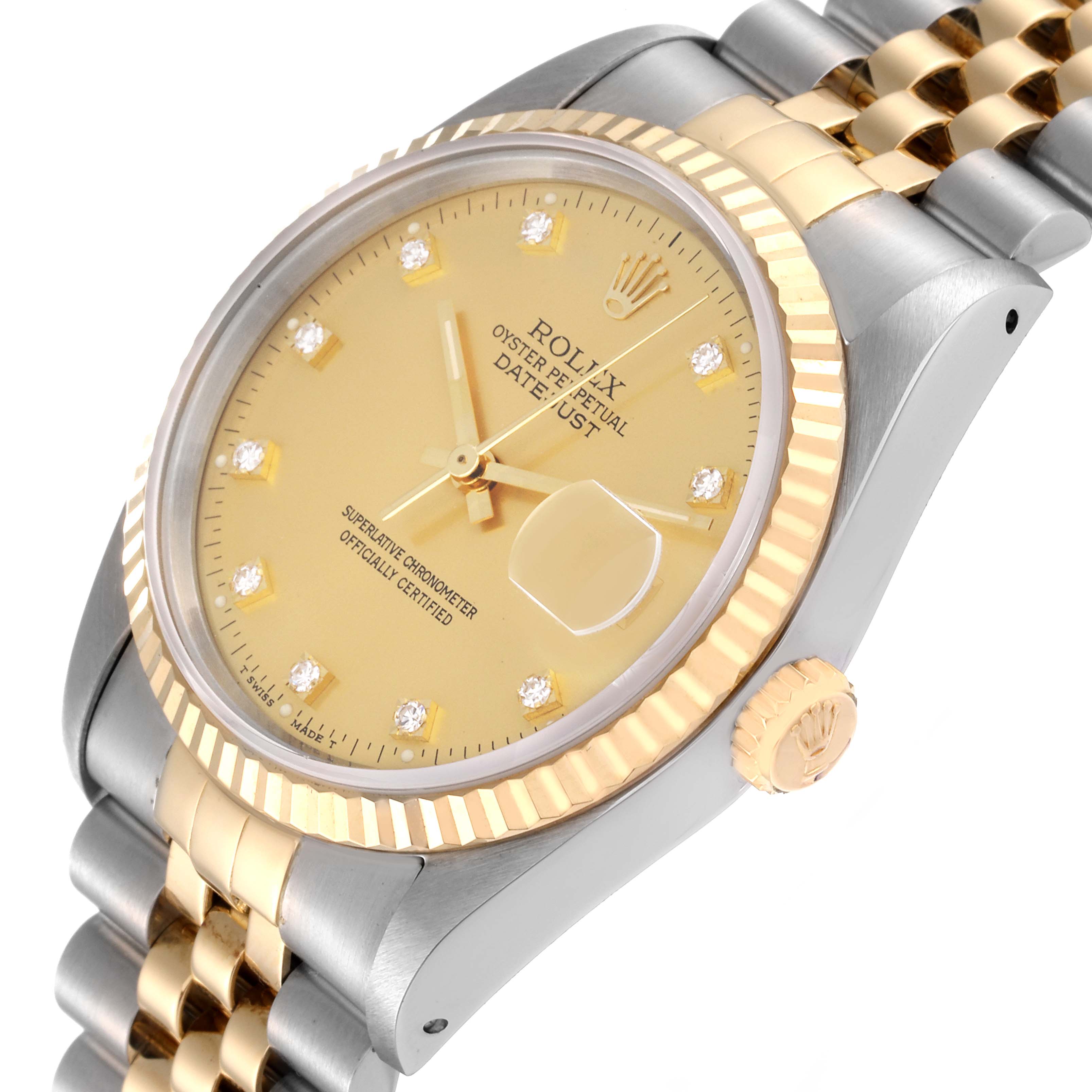 The Rolex Datejust 16233 Men's Steel and Gold (two tone) Champagne Dial 16233 Men's Steel and Gold (two tone) Champagne Dial model is shown at an angled close-up, highlighting the dial, bezel, crown, and part of the bracelet.