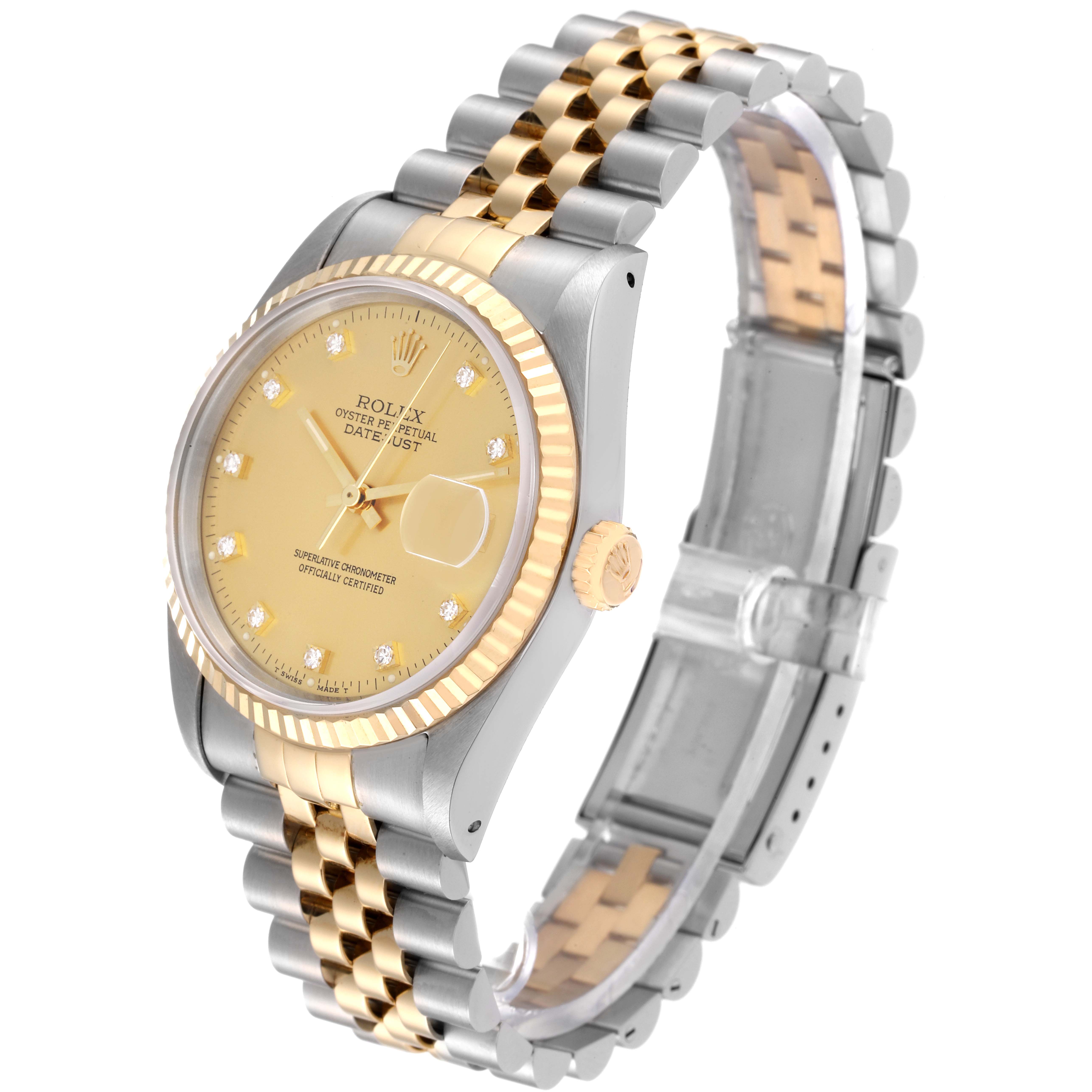 This photo shows a two-tone Rolex Datejust 16233 Men's Steel and Gold (two tone) Champagne Dial 16233 Men's Steel and Gold (two tone) Champagne Dial watch from an angled view, highlighting its face, bezel, crown, and bracelet.