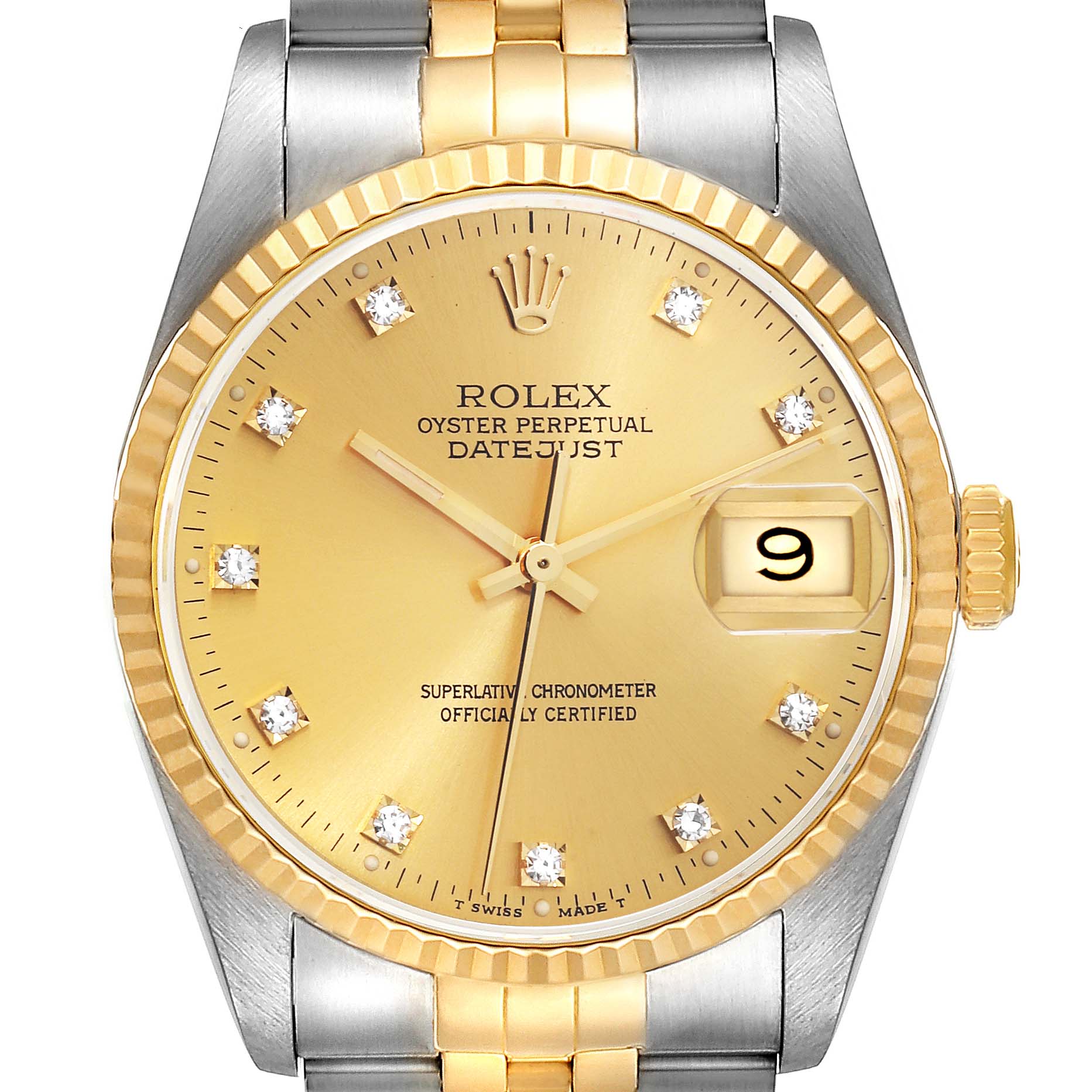 The image shows a close-up of the Rolex Datejust 16233 Men's Steel and Gold (two tone) Champagne Dial 16233 Men's Steel and Gold (two tone) Champagne Dial watch, displaying the dial, bezel, and part of the bracelet.