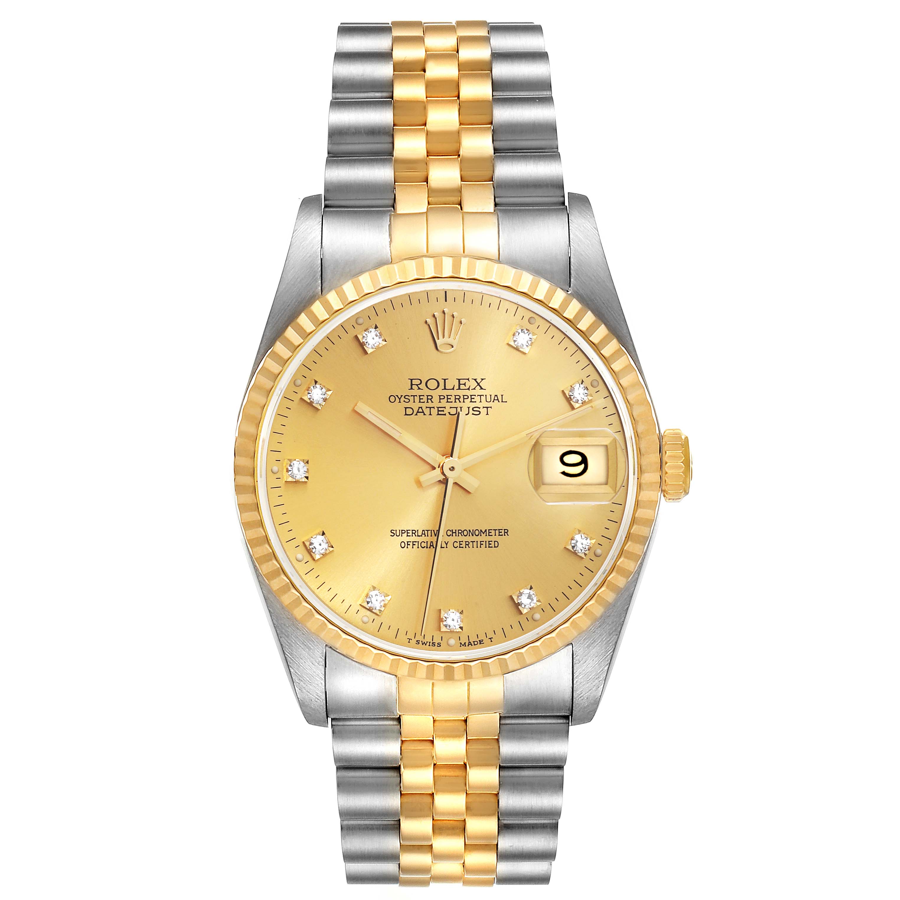 This Rolex Datejust 16233 Men's Steel and Gold (two tone) Champagne Dial 16233 Men's Steel and Gold (two tone) Champagne Dial model is shown from a front angle, displaying its dial, bracelet, bezel, and crown.