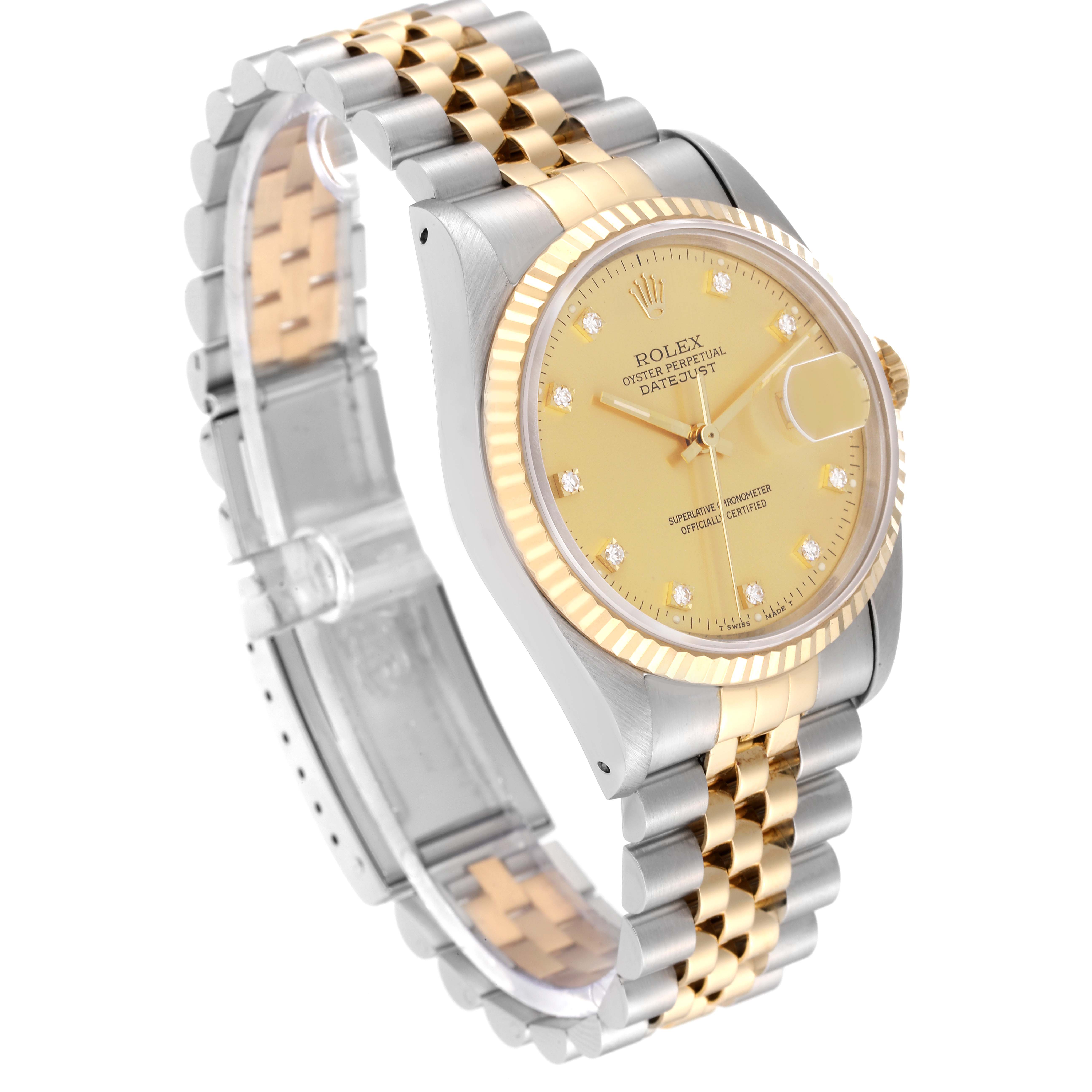 This image shows a side angle of a Rolex Datejust 16233 Men's Steel and Gold (two tone) Champagne Dial 16233 Men's Steel and Gold (two tone) Champagne Dial watch highlighting its two-tone bracelet and gold dial with diamond markers.
