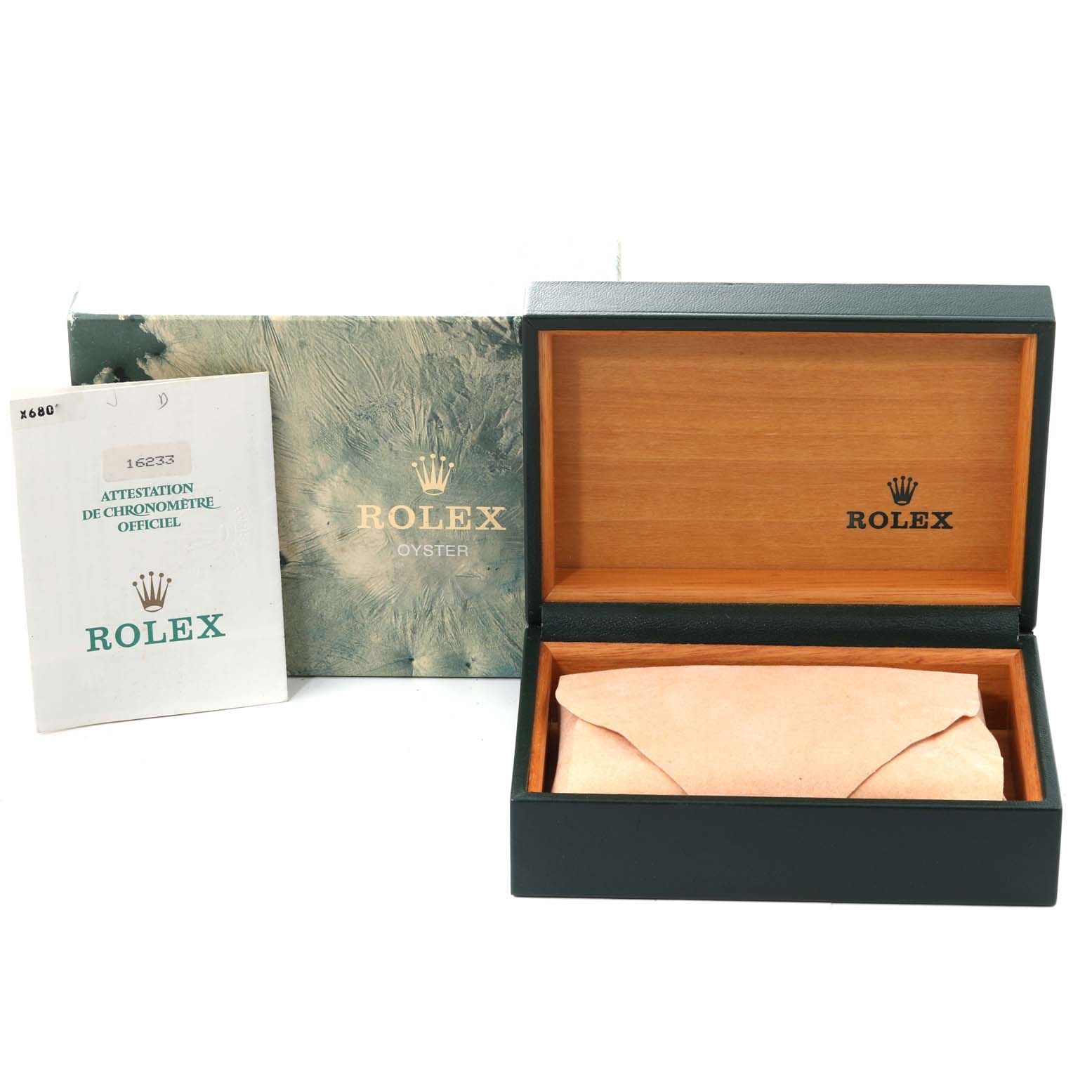 The image shows an open box, outer packaging, and paperwork for a Rolex Datejust 16233 Men's Steel and Gold (two tone) Champagne Dial 16233 Men's Steel and Gold (two tone) Champagne Dial watch.