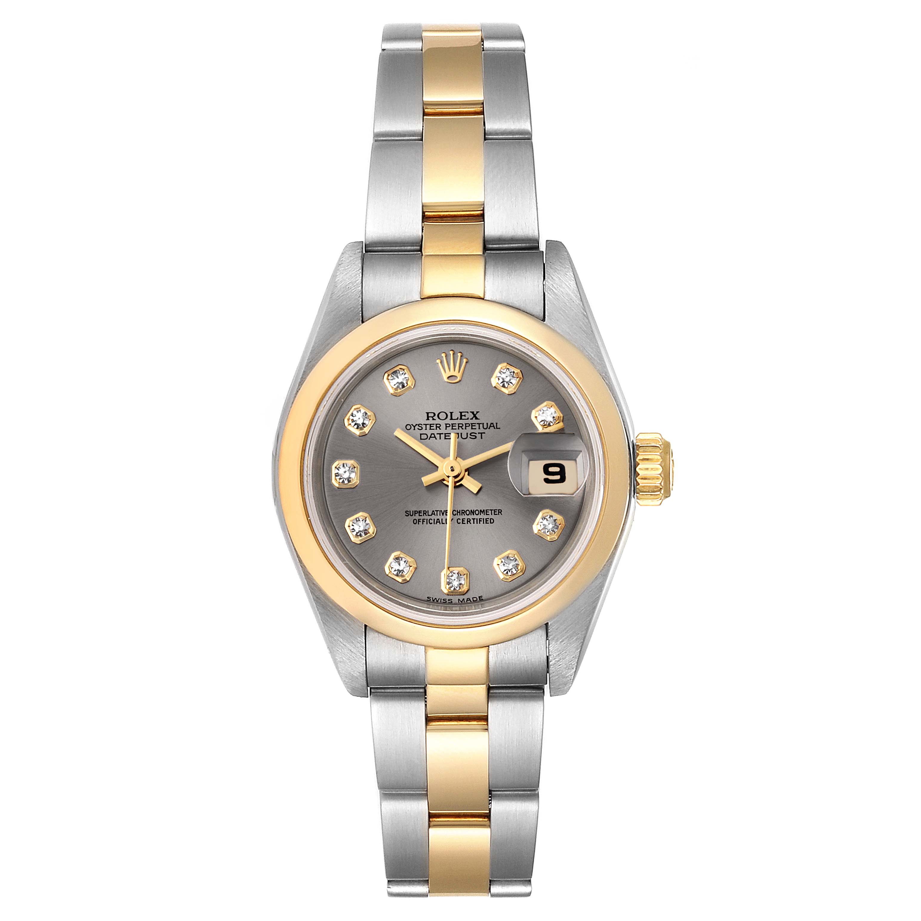 This image shows a front view of a Rolex Datejust 79163  Women
s Steel and Gold (two tone) Grey Dial 79163  Women
s Steel and Gold (two tone) Grey Dial watch, highlighting its dial, bezel, bracelet, and crown.