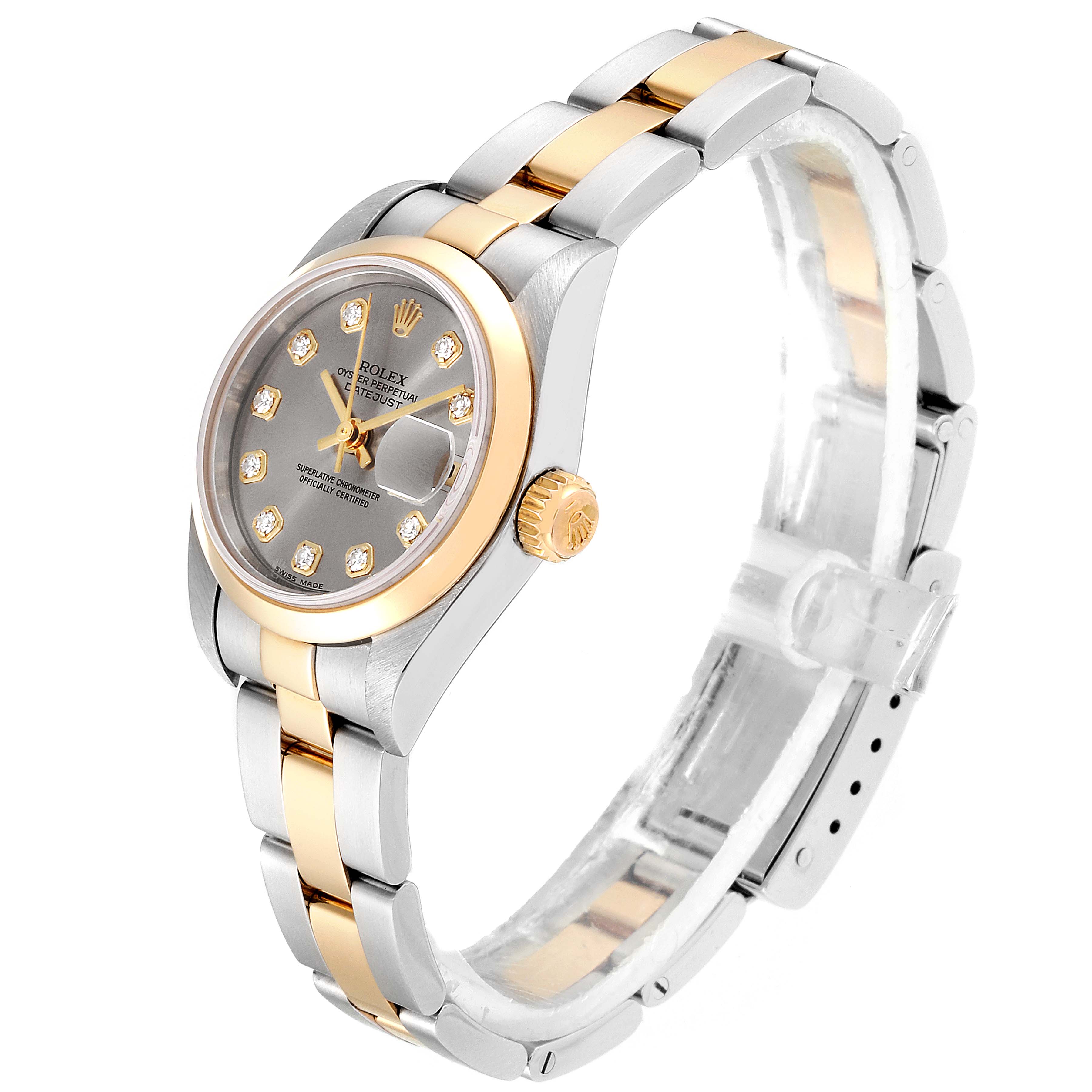 This image shows a Rolex Datejust 79163  Women
s Steel and Gold (two tone) Grey Dial 79163  Women
s Steel and Gold (two tone) Grey Dial watch from a three-quarter angle, highlighting the dial, bezel, crown, and bracelet.