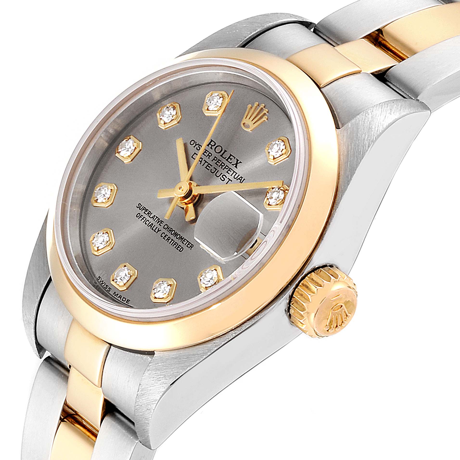 This image shows a close-up side angle of a Rolex Datejust 79163  Women
s Steel and Gold (two tone) Grey Dial 79163  Women
s Steel and Gold (two tone) Grey Dial watch, highlighting the dial, crown, and part of the bracelet.